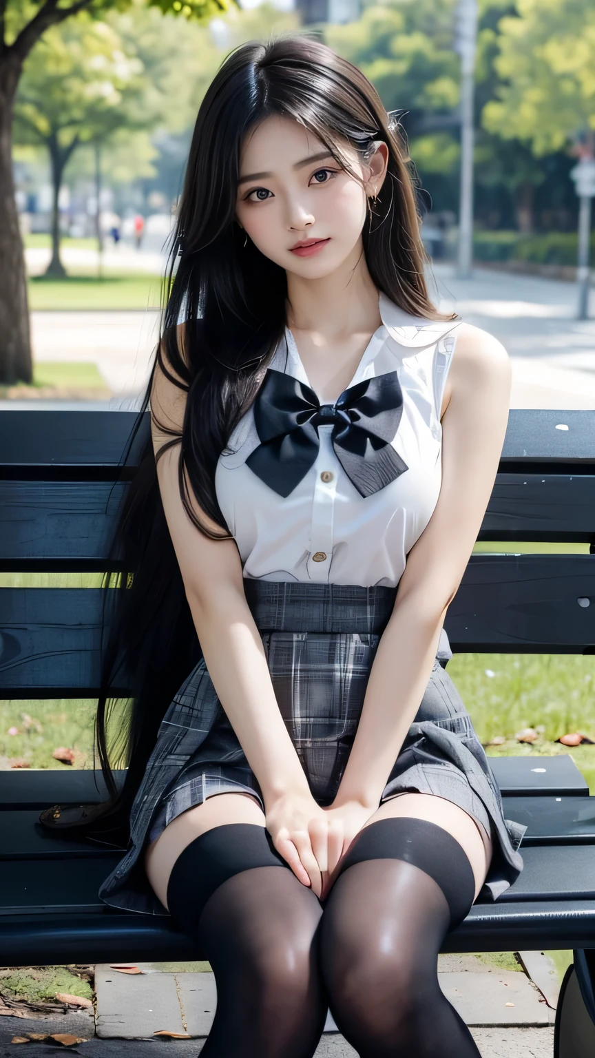 Female college student、Thin legs、ponytail、ribbon、skinny、slim、((Denim mini skirt))sitting on a park bench、Knees forward、(White lace panties)(Unbutton your shirt、Lift up your lace bra、Nipples)Wear cute sneakers、The whole body seen from the front、Flash photography