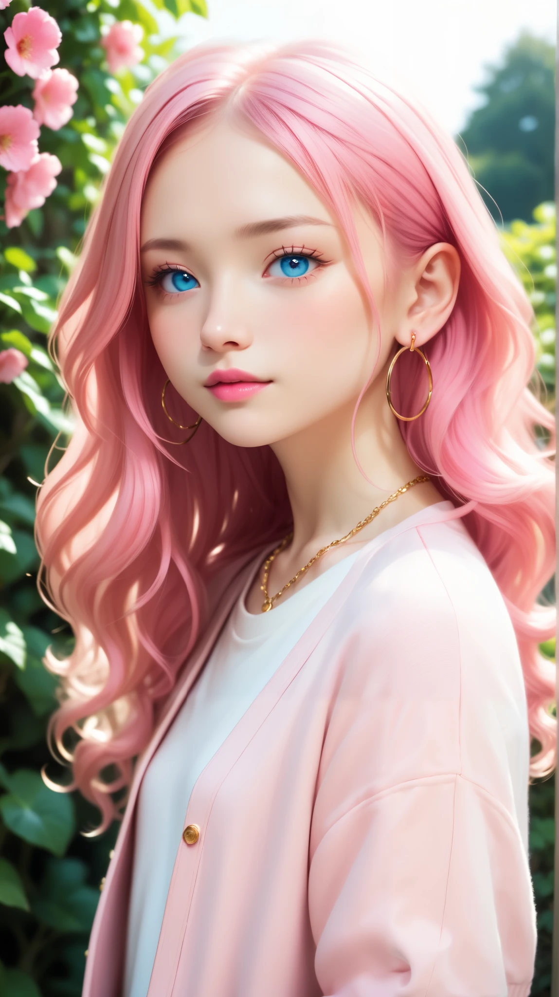 One Girl, Alone, so cute, long hair, viewer, Blue Eyes Background, white background, jewelry, Shut up, jacket , upper body, pink hair with a scar, earrings, pink eye, necklace, From the side, sweater , lips, eyelash , Compensate, wavy hair standing in front of the garden, earrings, cross, lipstick, 耳の earrings, eyeshadow, hoop earrings, Pink lips, spotted eyes , pink theme, , ピンクの eyeshadow,