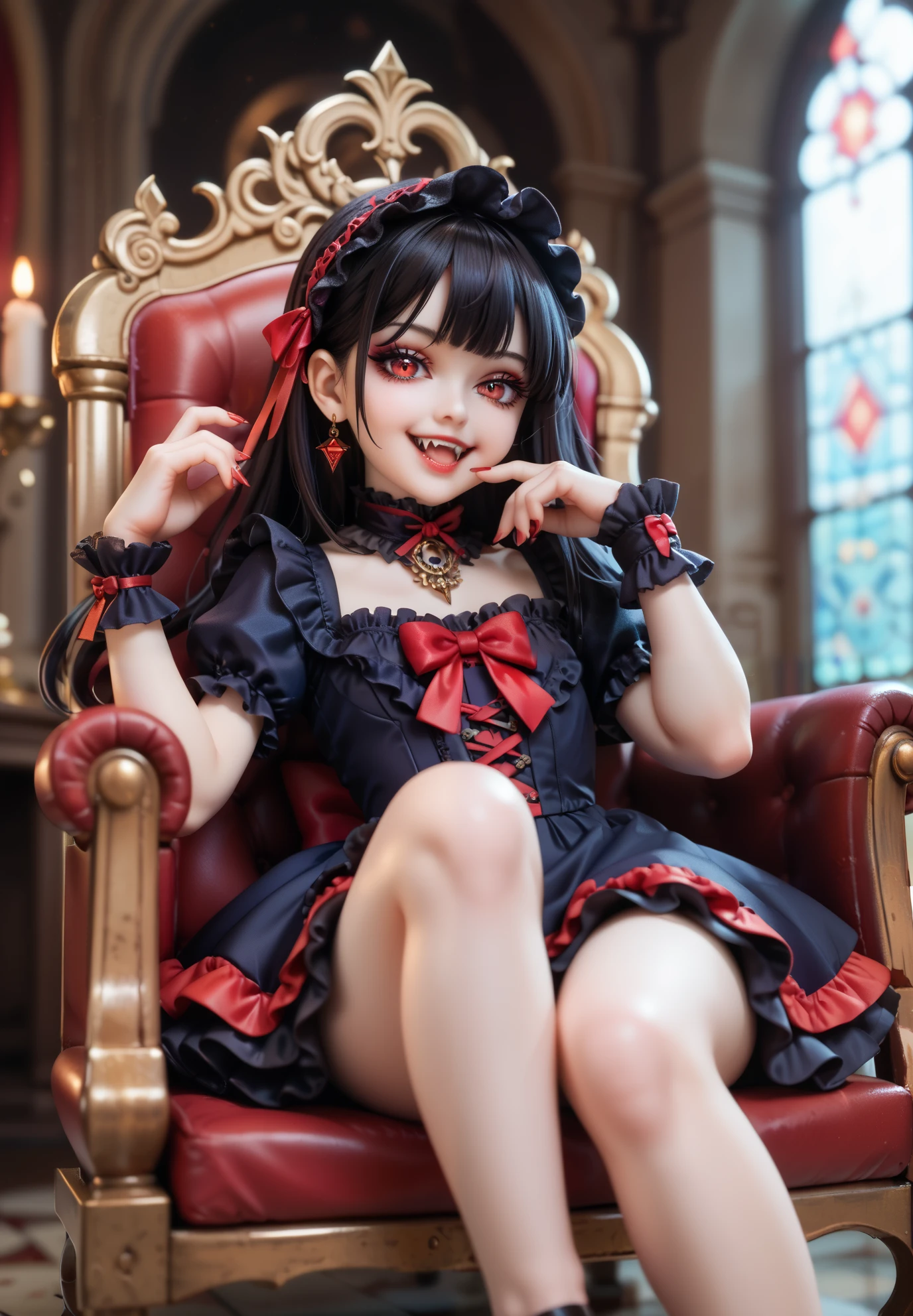 1girl, young vampire girl, alluring smile, sexy pose, pale skin, gothic ta dress, vampire fangs, full of details, black hair, neon red eyes, old rustic mansion, throne room, sitting on a throne made of bones, (night time:1.2), cinematic lighting,