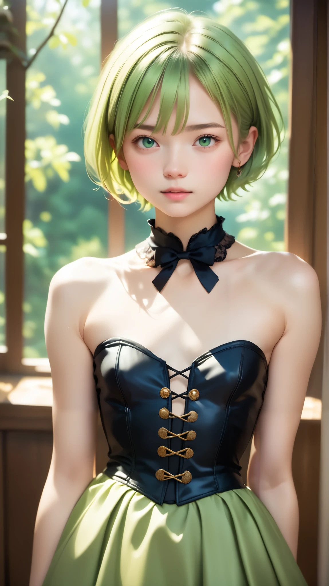Light-skinned woman, Short hair and 、 with a black corset that extends to the chest、Light green strapless dress