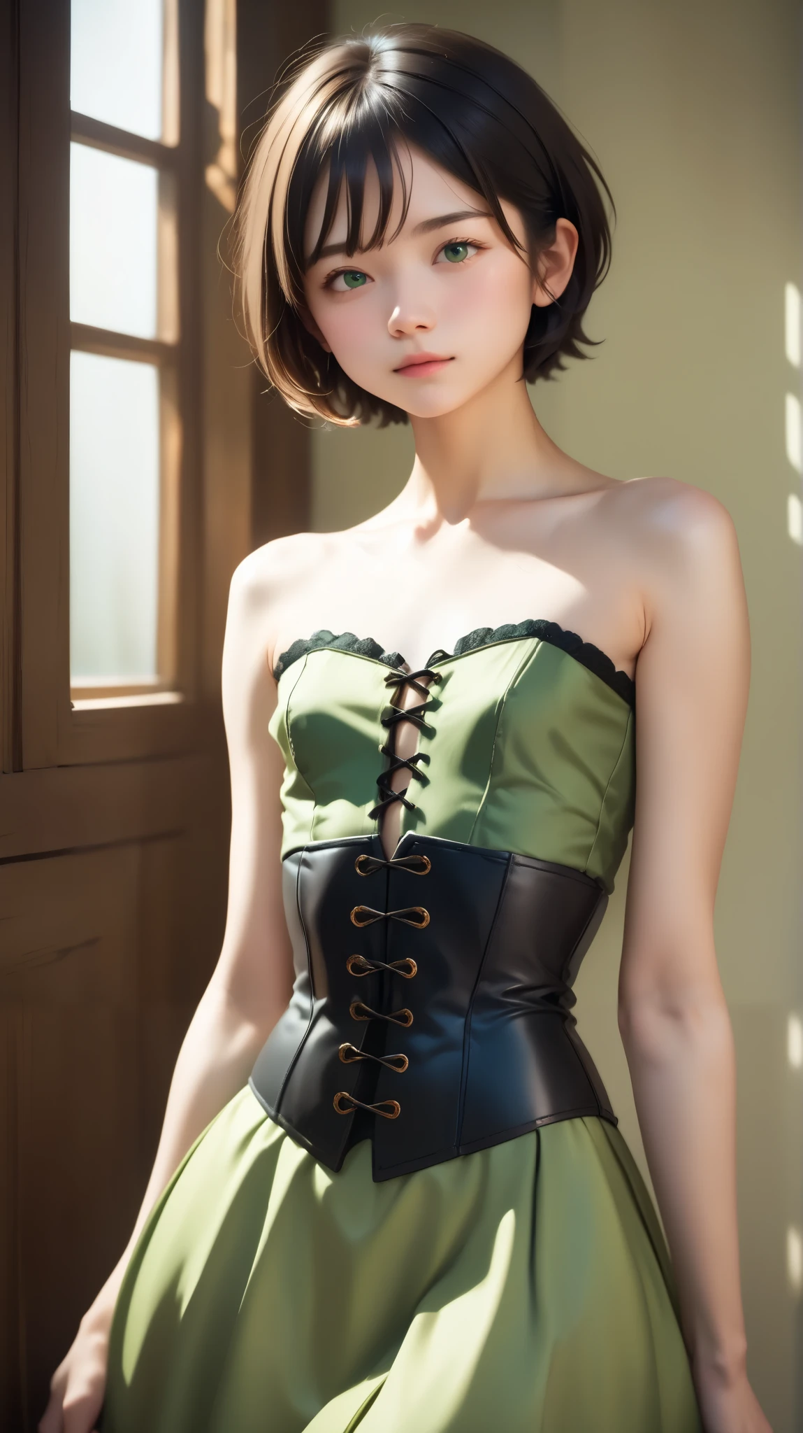 Light-skinned woman, Short hair and 、 with a black corset that extends to the chest、Light green strapless dress