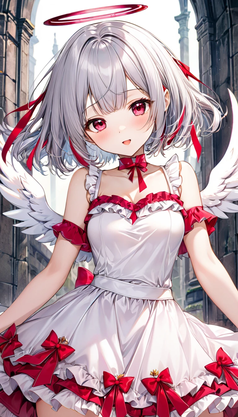 best quality, super fine, 16k, incredibly absurdres, extremely detailed, 2.5D, delicate and dynamic depiction, cute woman, silver bob cut, three ahoge, white and pink long ruffle skirt princess dress, big red ribbon on chest, angel wings, amorous and lewd expression, make-up, prime lenses, lens filters, clear subject, soft pastel color image effects, background ruins