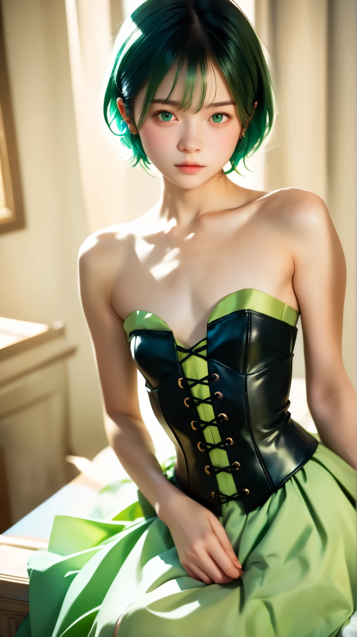 Light-skinned woman, Short hair and 、 with a black corset that extends to the chest、Light green strapless dress 