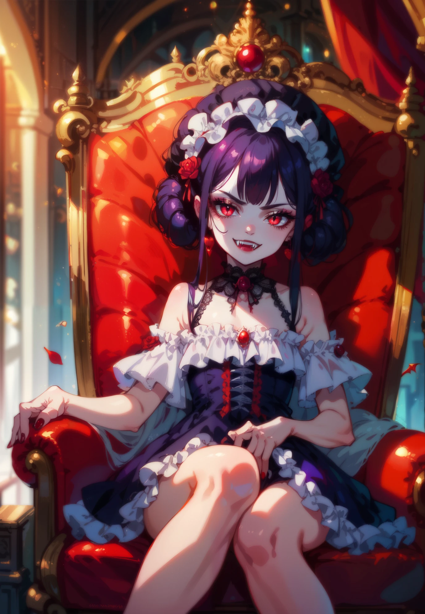 1girl, young vampire girl, smirk, sexy pose, pale skin, gothic ta dress, vampire fangs, full of details, black hair, neon red eyes, old rustic mansion, throne room, sitting on a throne made of bones, (night time:1.2), cinematic lighting,