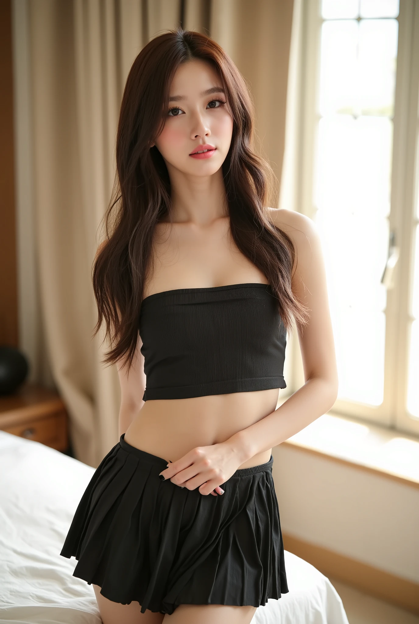 Subject: Full-body portrait of M1yeon, a 20-year-old glamorous supermodel.
Description: ((m1yeon)) features long layered brown hair and wears silver glasses, projecting an alluring presence with a light makeup and an embarrassed expression. Her eyes are glowing, highlighting perfectly detailed features. She sports beautifully enhanced lips. Her attire consists of a small strapless cropped top paired with a short pleated skirt.
Physique Details: Slender figure with a toned waist showing visible muscle grooves, and slender thighs.
Pose and Setting: Sensual pose, standing near a bedroom window with a soft blurred background, focusing the viewer’s attention on her.
Camera and Technicals: Captured using a "Hasselblad H6D-100c with an HC 80mm f/2.8 lens at f/2.8 aperture," to emphasize medium format depth of field.
Lighting: Soft natural light with cinematic studio enhancements, creating a creamy and smooth bokeh background.
Resolution and Style: Aim for an 8K ultra-high resolution capture, emphasizing hyper-realistic textures and professional sharpness in a cinematic lighting environment.
Artistic Influence: Styled in the manner of Diana Vreeland with an emphasis on realism and meticulous attention to detail.