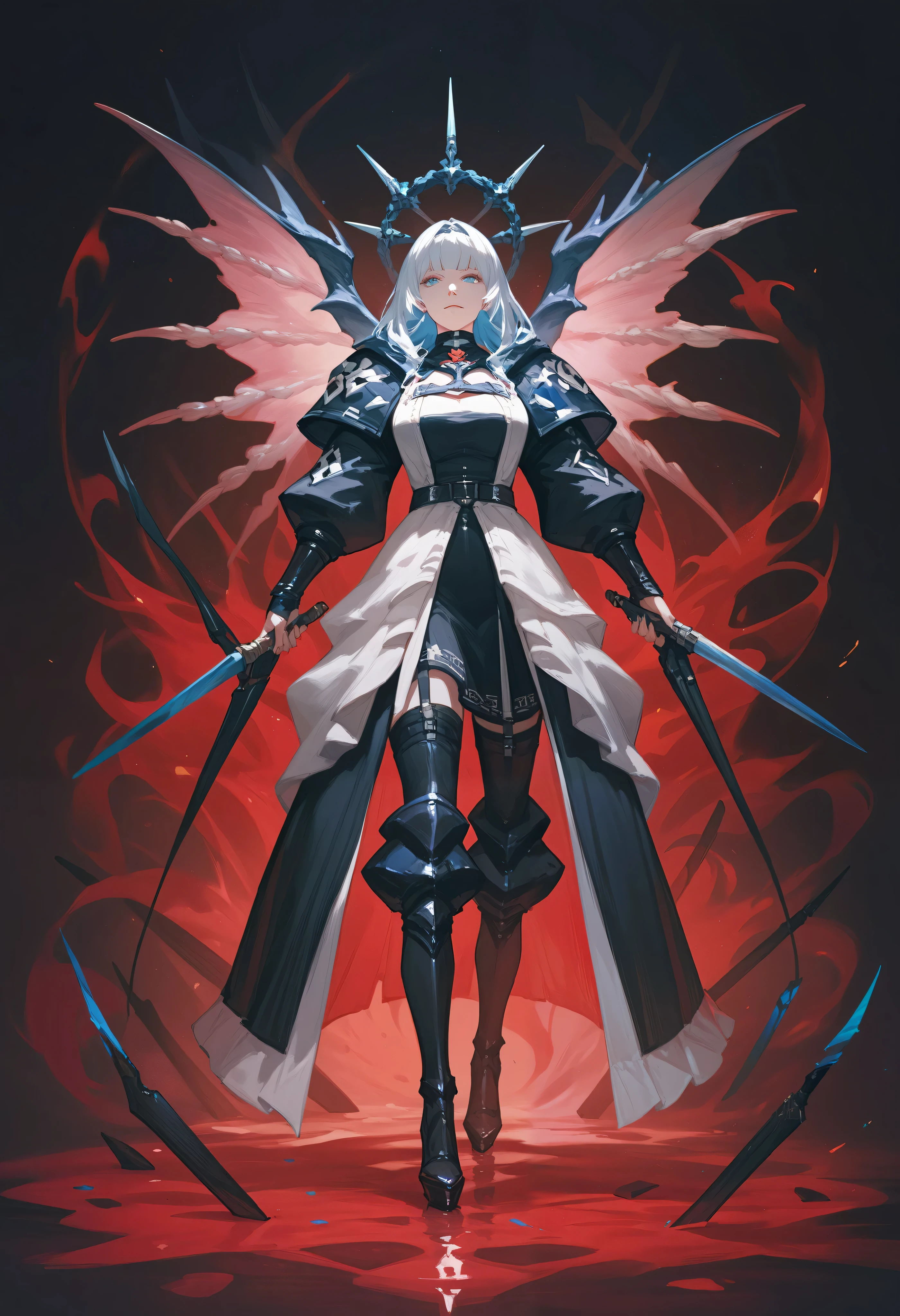  (((Masterpiece, best quality, 16k))) female character with long white hair and piercing red eyes. She wears a demonic armor in purple, black, and white.  wields a large, stylized scythe. The character has a menacing expression, with a chaotic environment as the background. ((full body front view)). ((slender)), (extremely detailed:1.5), (long white hair:1.2), (piercing red eyes:1.2), (chaotic environment:1.1), (demonic armor:1.3), (stylized scythe:1.3).