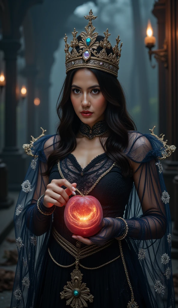 masterpiece, best quality, HD, Delicate texture, Real People,Realistic style,Evil Witch Queen, crown,Hand holding an apple with green poisonous smoke,magic,Fierce expression,Evil smile,Fantasy Art,Black long hair,Magic Mirror, palace, Black robe,Movie Lighting,Looking at the camera