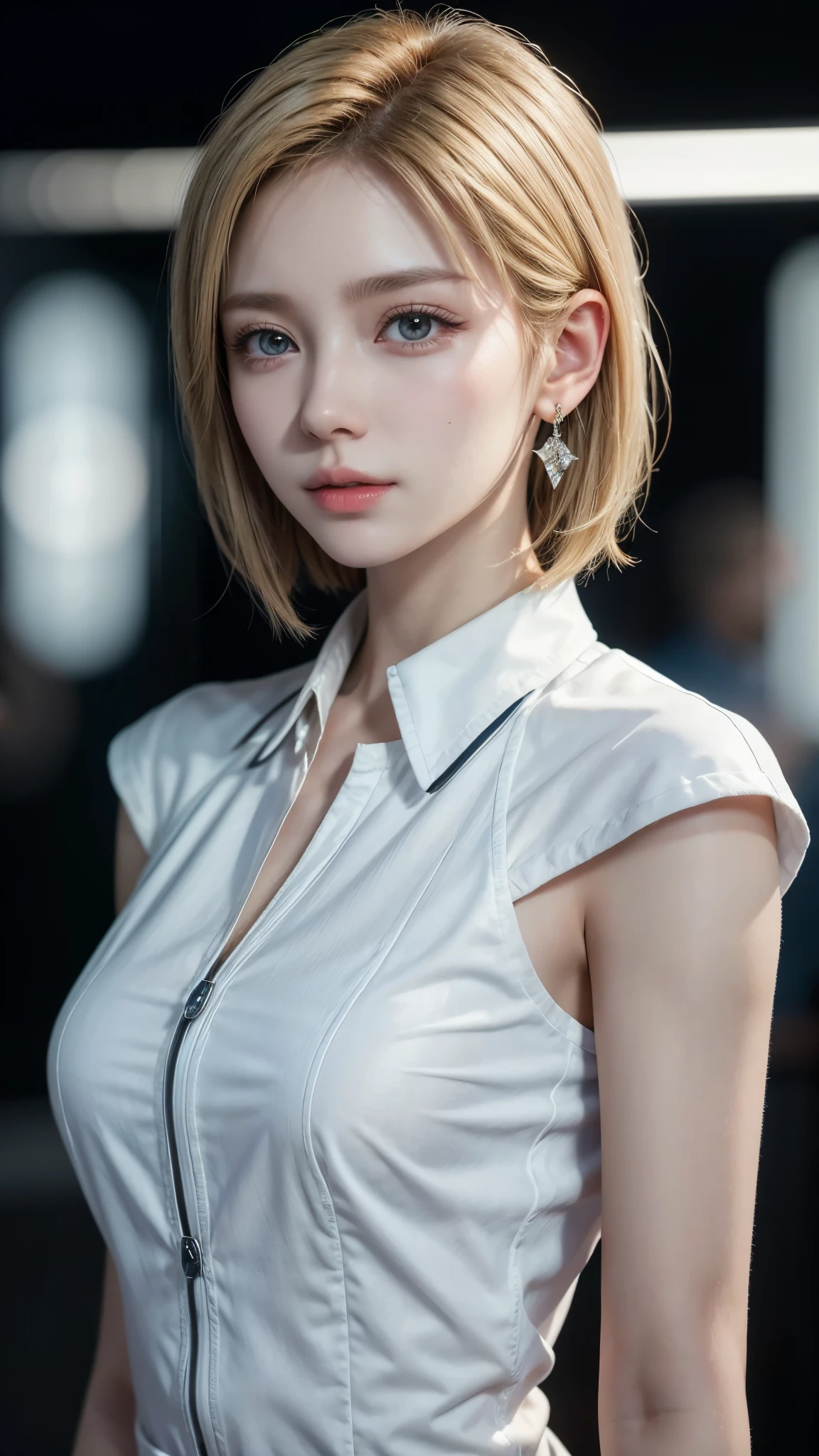 Android 18 Lajuli, dragon ball female, A short straight blonde haired british girl, bang, bob cut, blue eyes, 25 years, young, pale skin, supermodel body, medium breast, Ultra high res, uhd, (photorealistic:1.2), doll-like face, plasma sword