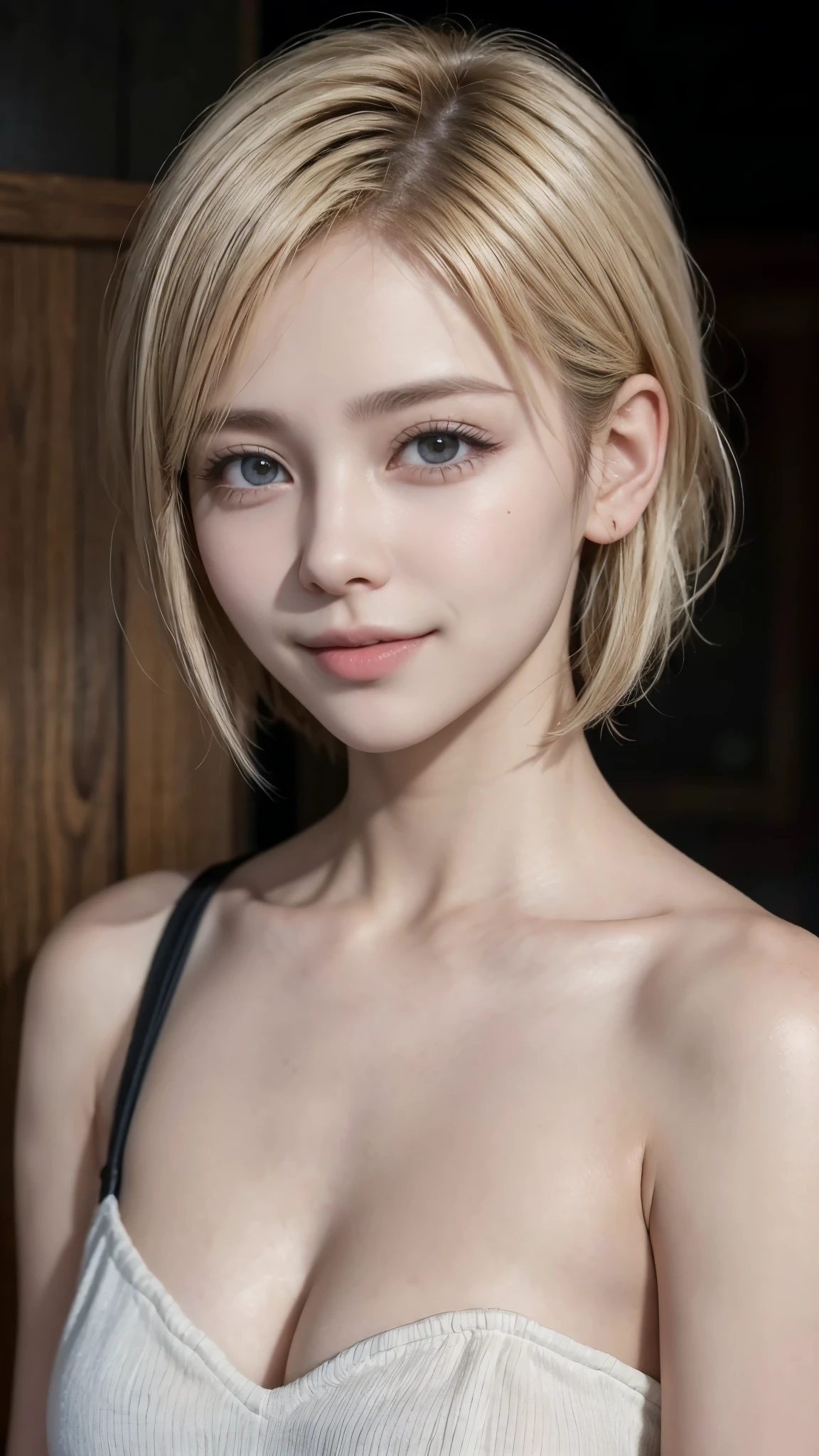 ((highest quality, 16k, masterpiece: 1.3)), (beauty, big: 1.2, Slim Abs: 1.2), (Highly detailed face, Highly detailed lips, Fine grain, double eyelid), (White see-through bikini), 1 female, Short bob woman, One mole on the right breast