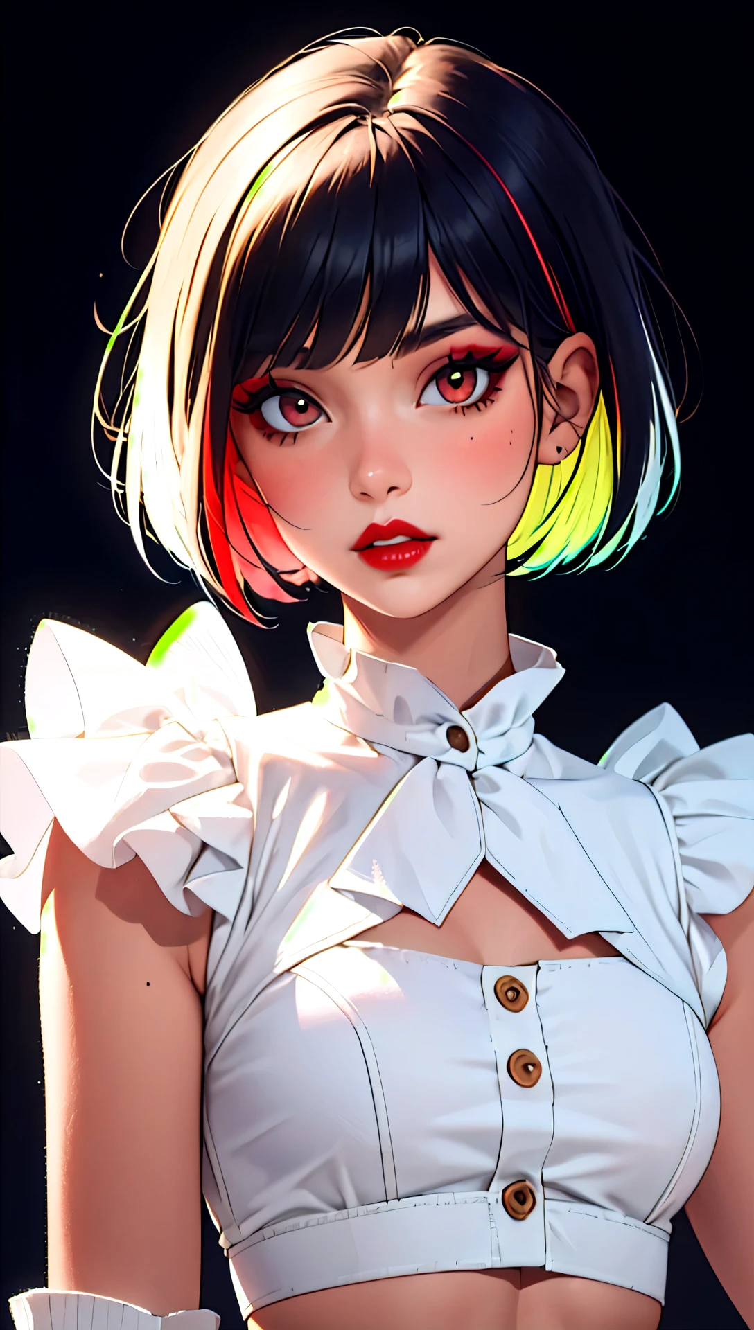 1girl, solo, upper body, looking at viewer, white background, bob cut, short hair, multicolored hair, makeup, parted lips, red lips, eyeliner,