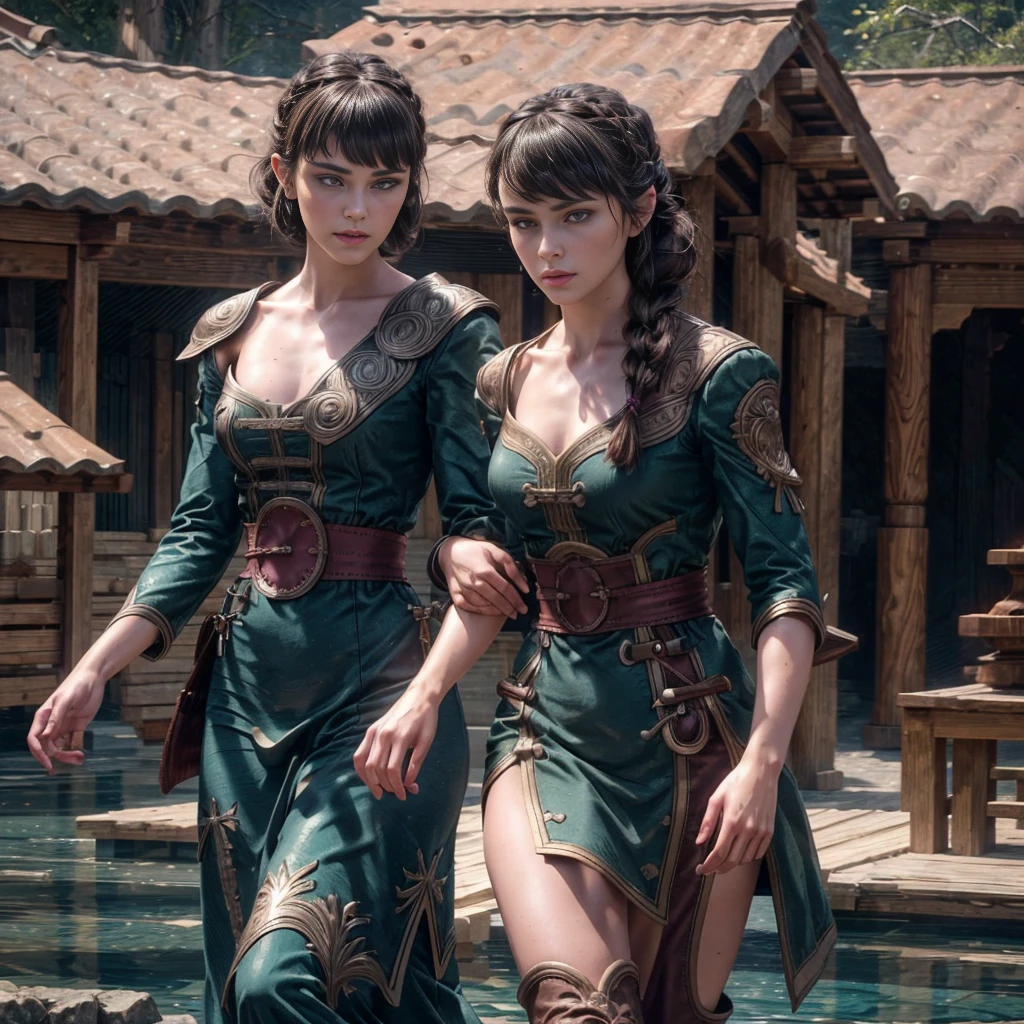 Female half elf princess age 28 long black hair crystal blue eyes twilight touched skin wearing a twilight colored dress with gold flats her hair in a waterfall braid and wielding two katanas she has a huge bust and hourglass figure standing in the ruins if her mothers throne room