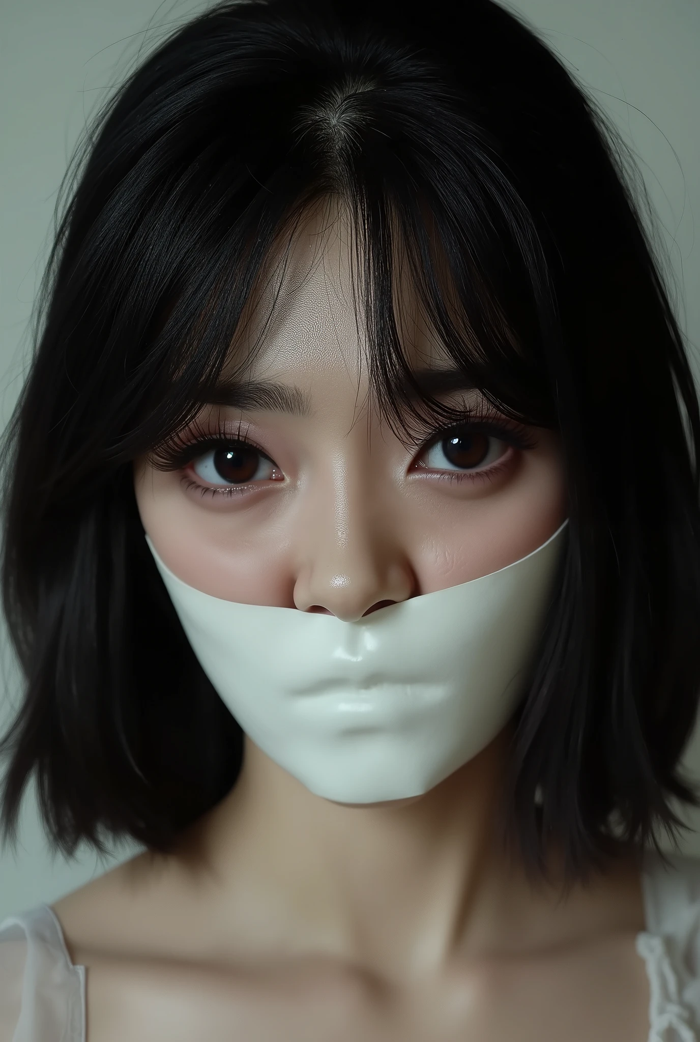 high detail, close up of a beautiful girl's face, Keira Knightley, slightly wavy, shoulder length, shiny black hair, large, shiny dark eyes, small, straight nose, mouth gagged, mouth stuffed with rags and sealed with duct tape, three asterisk shaped strips of duct tape seal the girl's mouth tightly, the girl's erect nipples can be seen beneath the transparent sheer dress she is wearing,