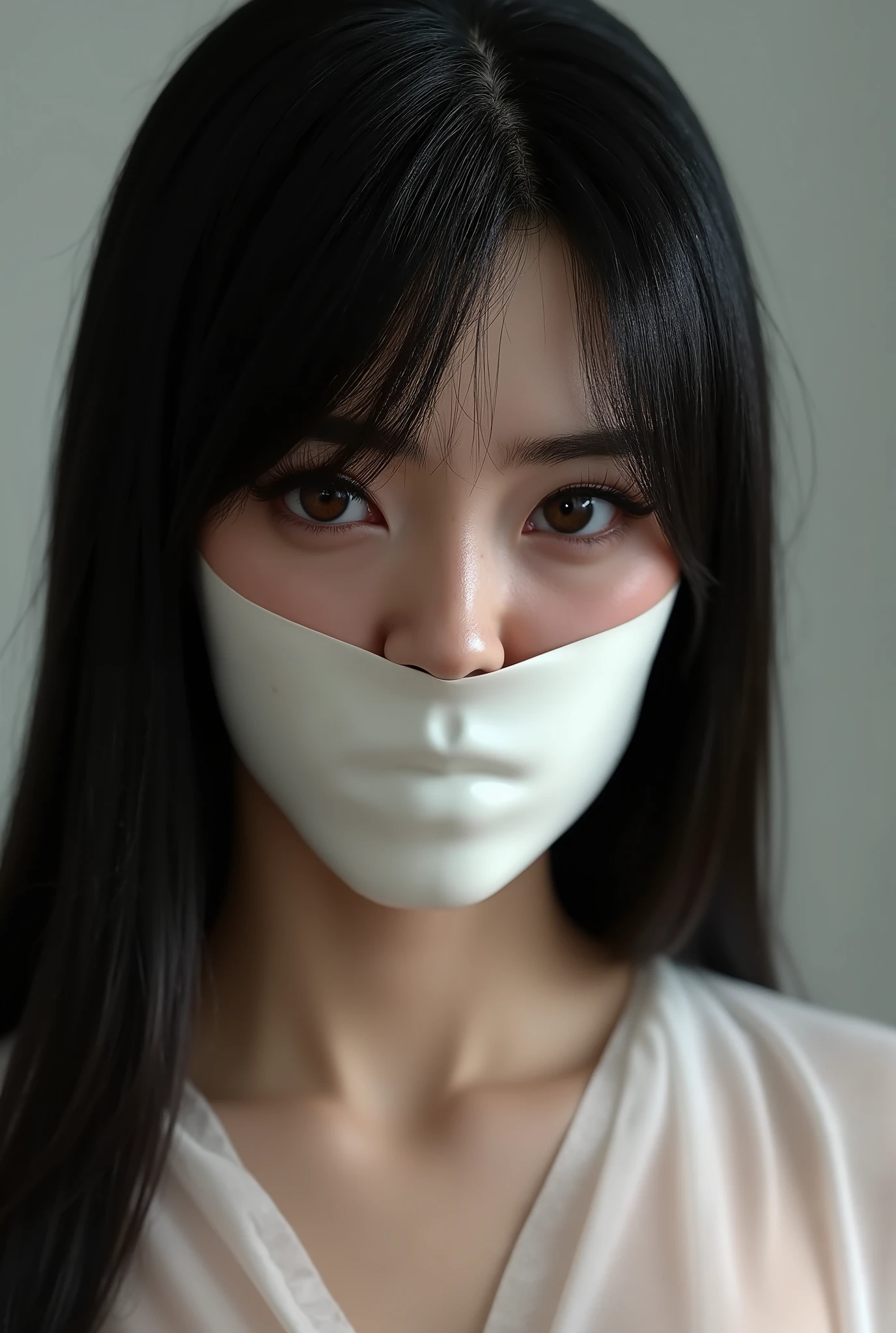high detail, close up of a beautiful girl's face, Keira Knightley, slightly wavy, shoulder length, shiny black hair, large, shiny dark eyes, small, straight nose, mouth gagged, mouth stuffed with rags and sealed with duct tape, three asterisk shaped strips of duct tape seal the girl's mouth tightly, the girl's erect nipples can be seen beneath the transparent sheer dress she is wearing,