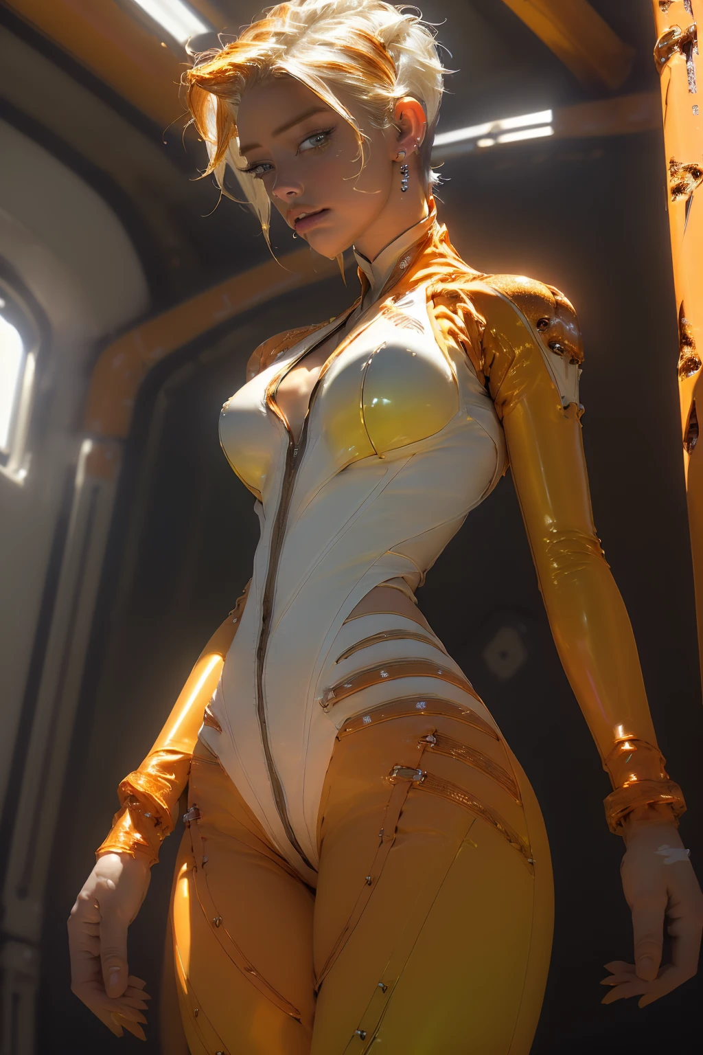 (((pixie cut hairstyle))) elegant (steampunk) slender athletic woman in a (((Spacestation))) , (detailed face), 1girl in shot, wide-angle, high angle, (wearing bright orange ((latex)) (((monokini spacesuit dress))) with white embroidery, white accent lines in the uniform, (Amber Heard: 1.6), blue eyes, (Natural Lighting), (Light ray tracing), (Soft Lighting:1.2), (wide angle), (Highres), (8K), full frame, (((Photo realistic))), ((detailed background)), (masterpiece, best quality, realistic, detailed:1.1), masterpiece, best quality, extremely detailed CG unity 8k wallpaper, ultra high res, professional photography, sharp focus, HDR, 8K resolution, intricate detail, sophisticated detail, (medium breasts:1.3), (Muscles:1.1), (Cameltoe:1.3), thigh gap