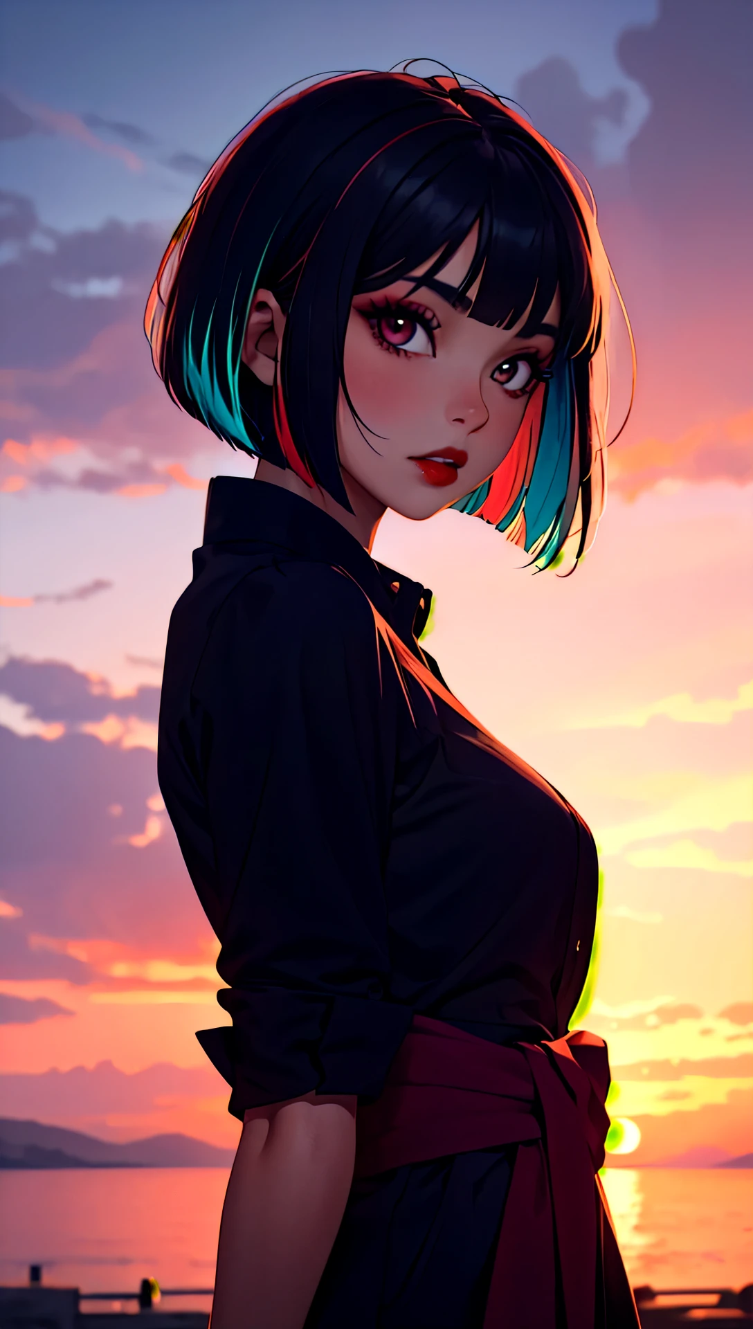 1girl, solo, above the waist shot, looking at viewer, sunset background, dramatic lighting, bob cut, short hair, multicolored hair, makeup, parted lips, red lips, eyeliner,