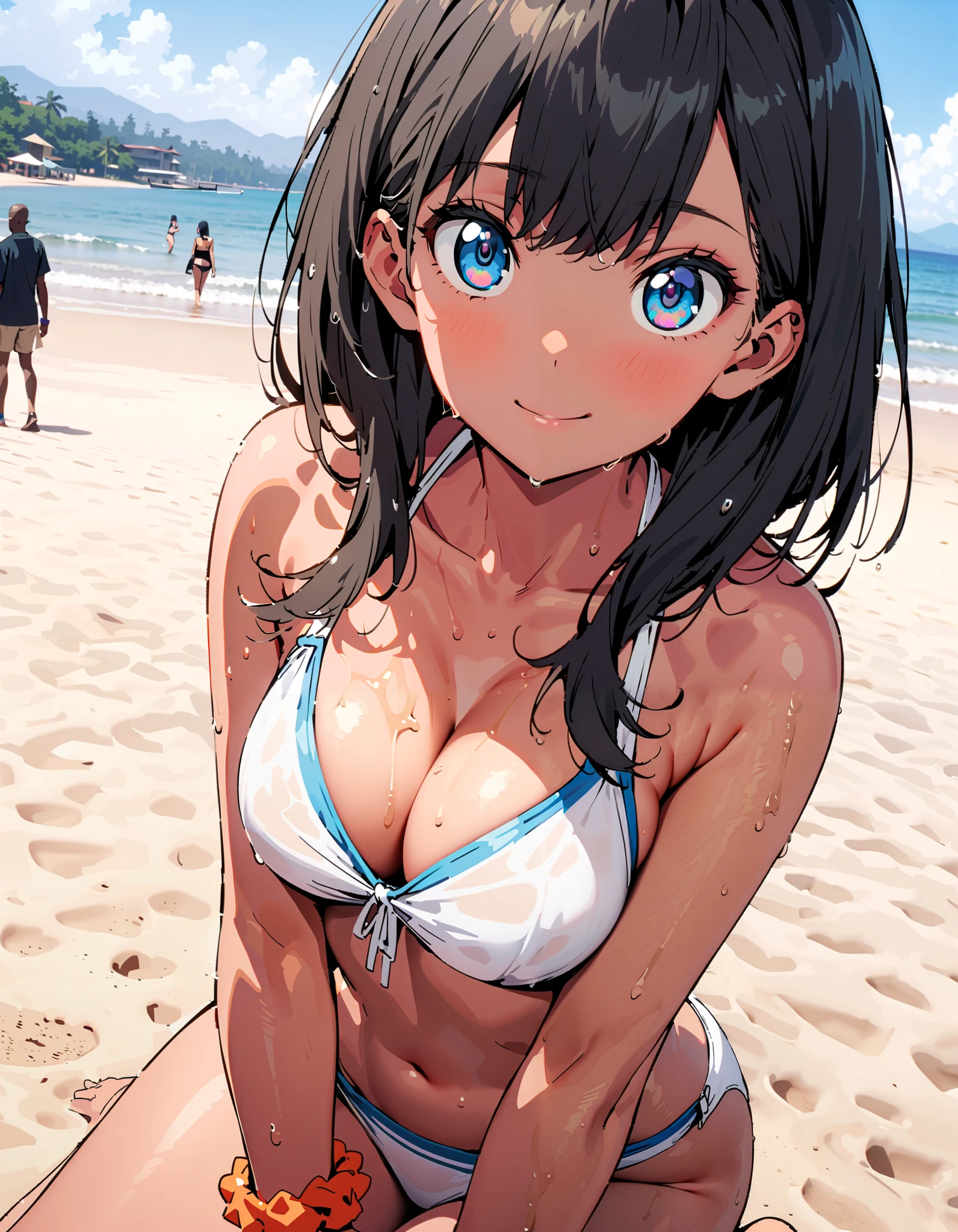 Official Art, wallpaper, Very detailed, (((Very detailedな目と顔))), Realistic portraits, (Highest quality, masterpiece, High resolution), (High resolutionスキン: 1.2), 8K UHD, Backlight, Background Blur, smile, One woman, Woman in bikini sitting, Strong sunlight, A beach with a glittering blue water surface, In the distance, the European cityscape looks small and hazy., sunny, Summer sunshine, Wet Skin