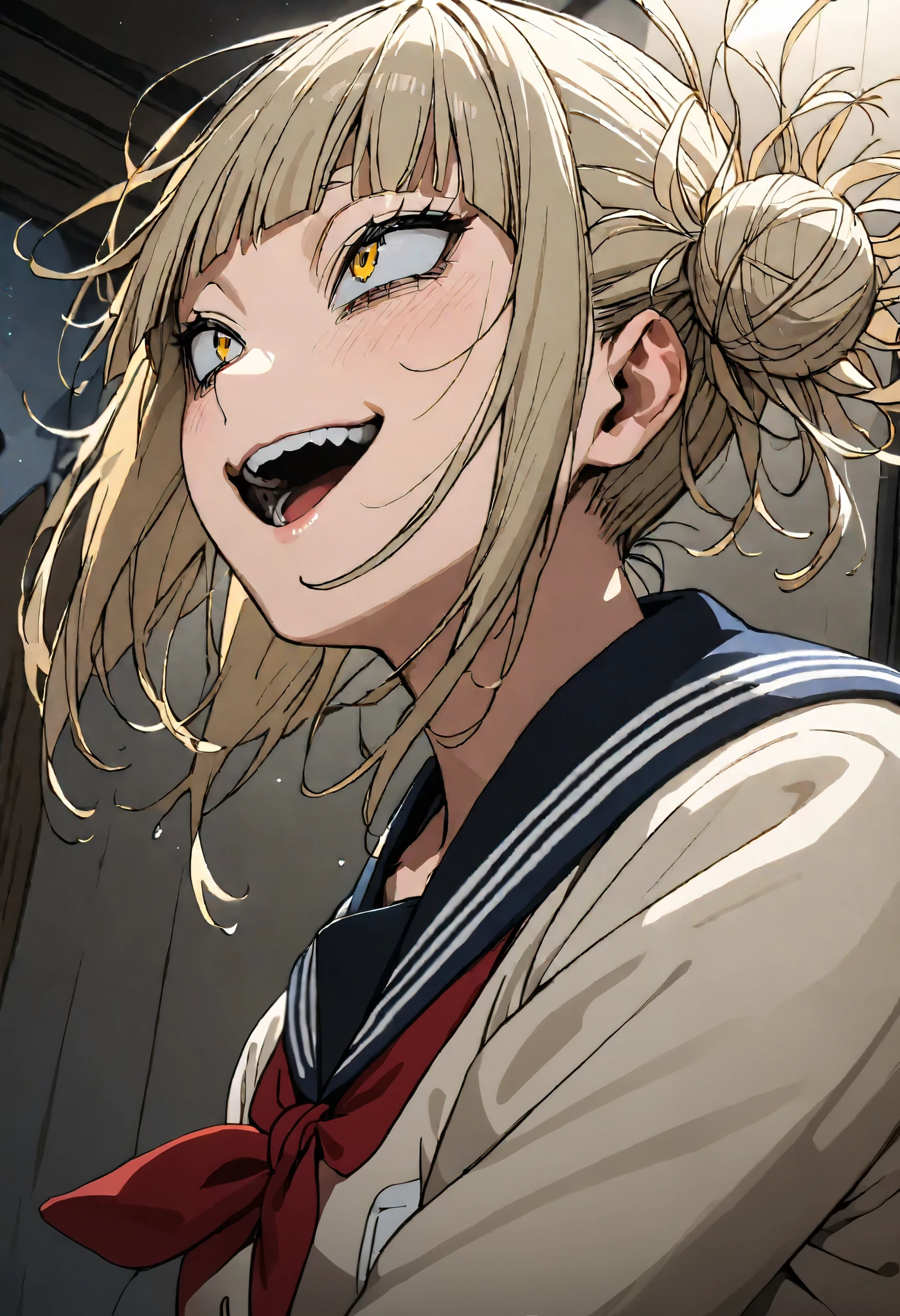 toga himiko, Double Bang , Yellow Eyes , blonde hair , wide open mouth, , school uniform, tooth, smile, , school uniform, tooth, smile, sailor suit, Blue sailor collar, ((full body)), Red Neckerchief , teeth,Masseter muscle area, top quality,32K、 wallpaper, super detailed, Absurd beauty, 1 girl 、Thin legs、Make the head smaller、いたずらっぽいsmile、 the angle of looking up from below :1.5、♡♡♡、( Moving Pose )、 thighs thighs thighs 、 medium short hair 、 is leaking sex by morning, Angle looking up from below:1.5