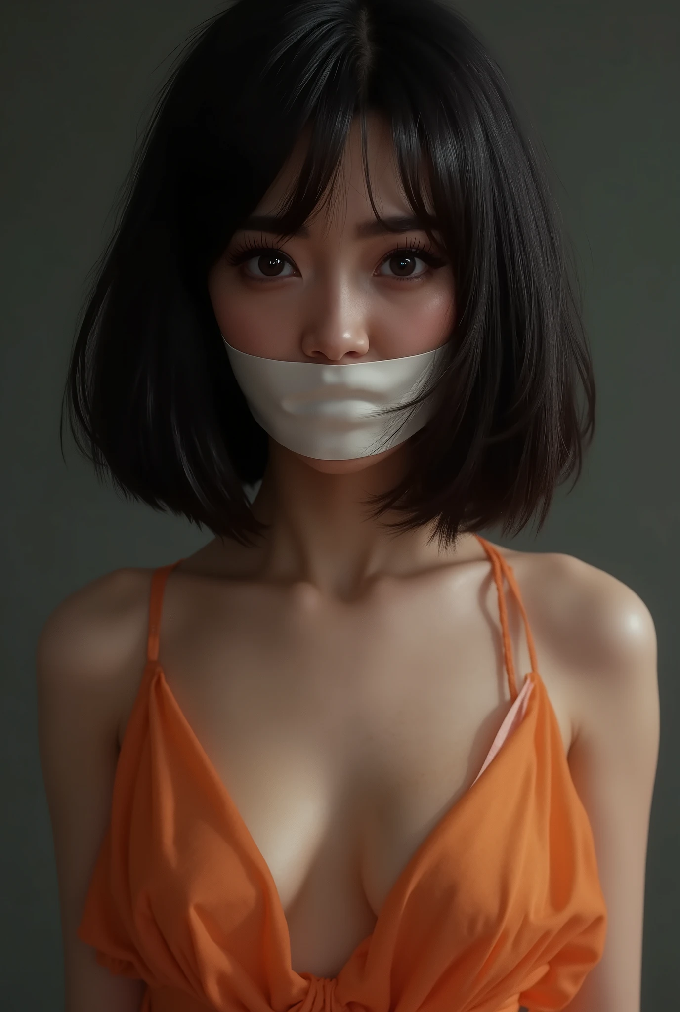 high detail, dramatic, masterpiece, a brunete beautiful girl, Keira Knightley, shiny black hair slightly wavy shoulder length, shiny black hair, large shiny dark eyes, small straight nose, mouth gagged, mouth stuffed with rags and sealed with duct tape, crossed tape over mouth in asterisk shaped seal the girl's mouth tightly, the girl's erect nipples can be seen beneath the transparent light-orange sheer dress she is wearing,