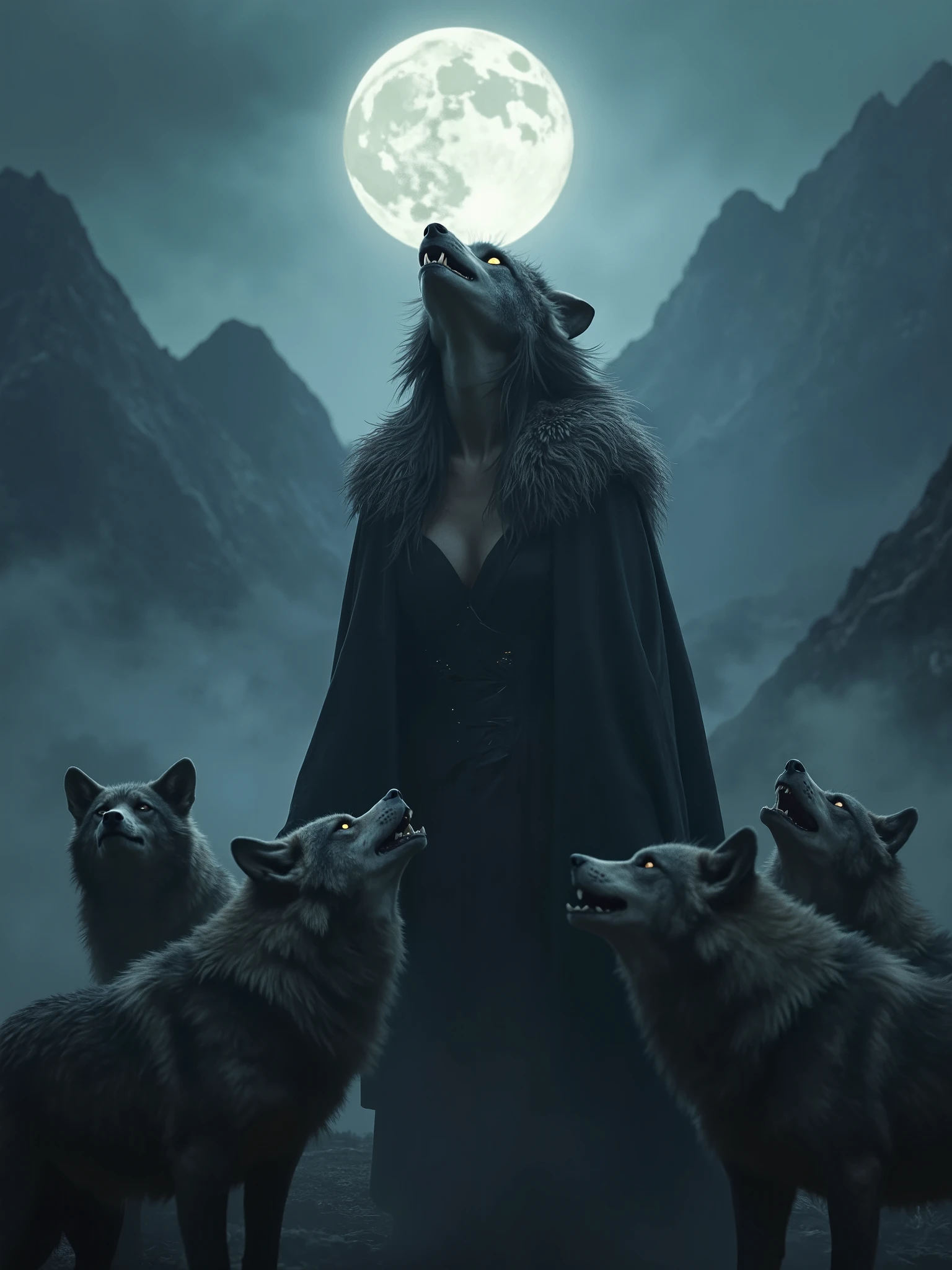 Beautiful majestic half woman half warewolf howling at the full moon with a pack of wolves,dark misty background, mountains and fog,dark realistic photography, surreal dark art.