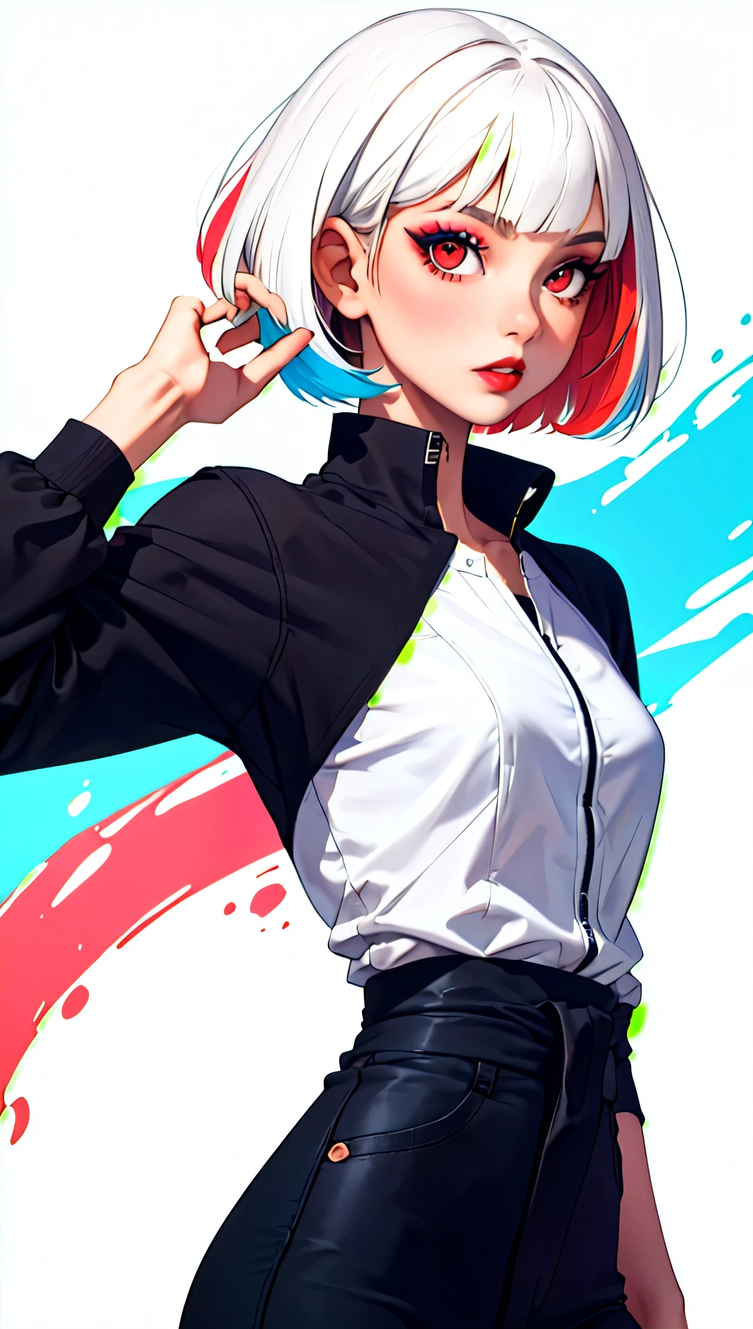 1girl, solo, above the waist shot, looking at viewer, white background, bob cut, short hair, multicolored hair, makeup, parted lips, red lips, eyeliner,