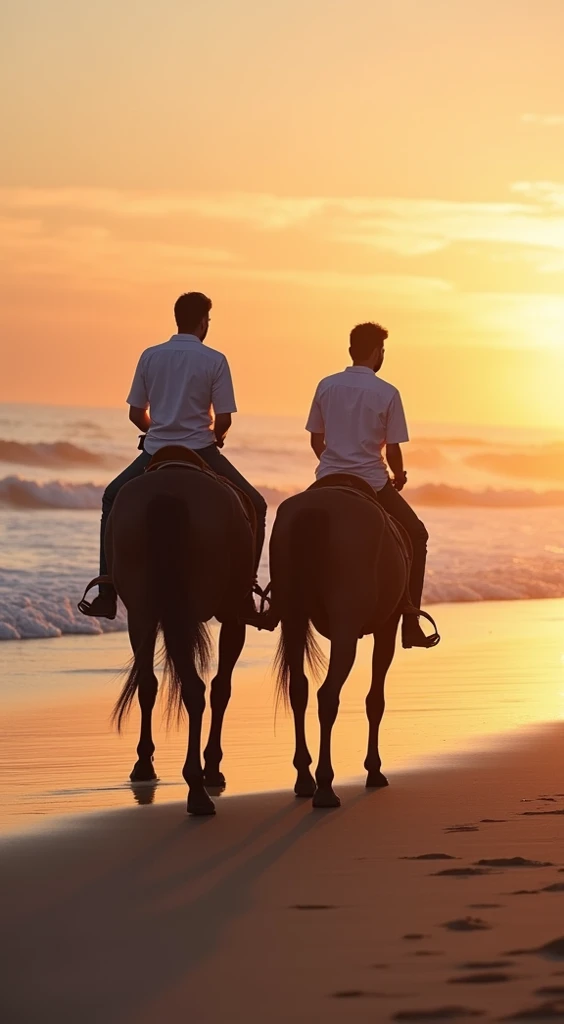 Two handsome young men, both with beautiful faces, white skin, and soft skin, lean and shirtless, with short black hair, riding horses together.