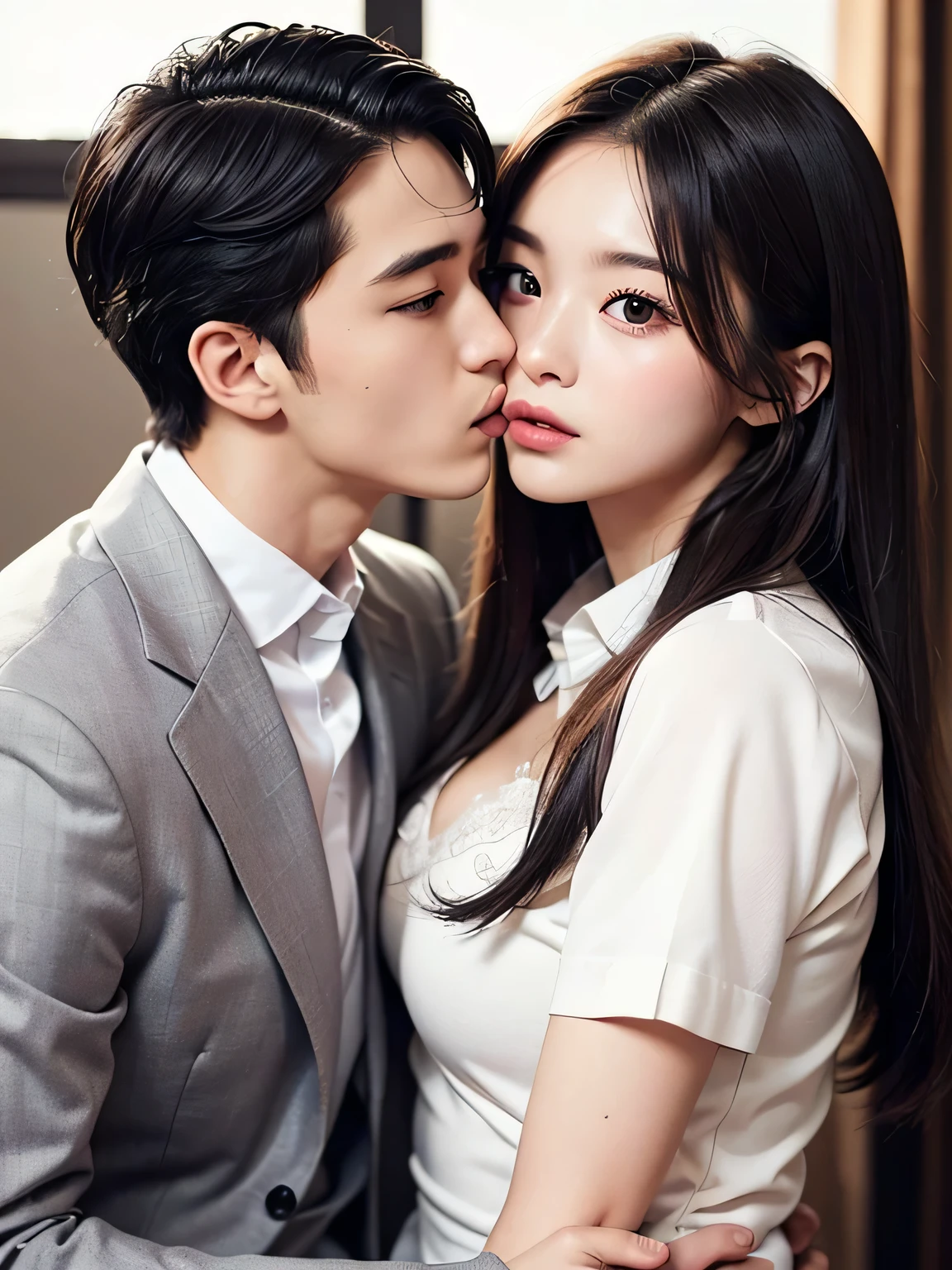 masutepiece, Best Quality, super detailed, Illustration, Beautiful detailed eyes, close up, With boys and girls. I had pink hair, White Pleated Shirt, Cracked buttons on the chest, Skirt. The boy has black hair, Black Suit, Black pants. Boy and girl kissing in car, heavy rain weather