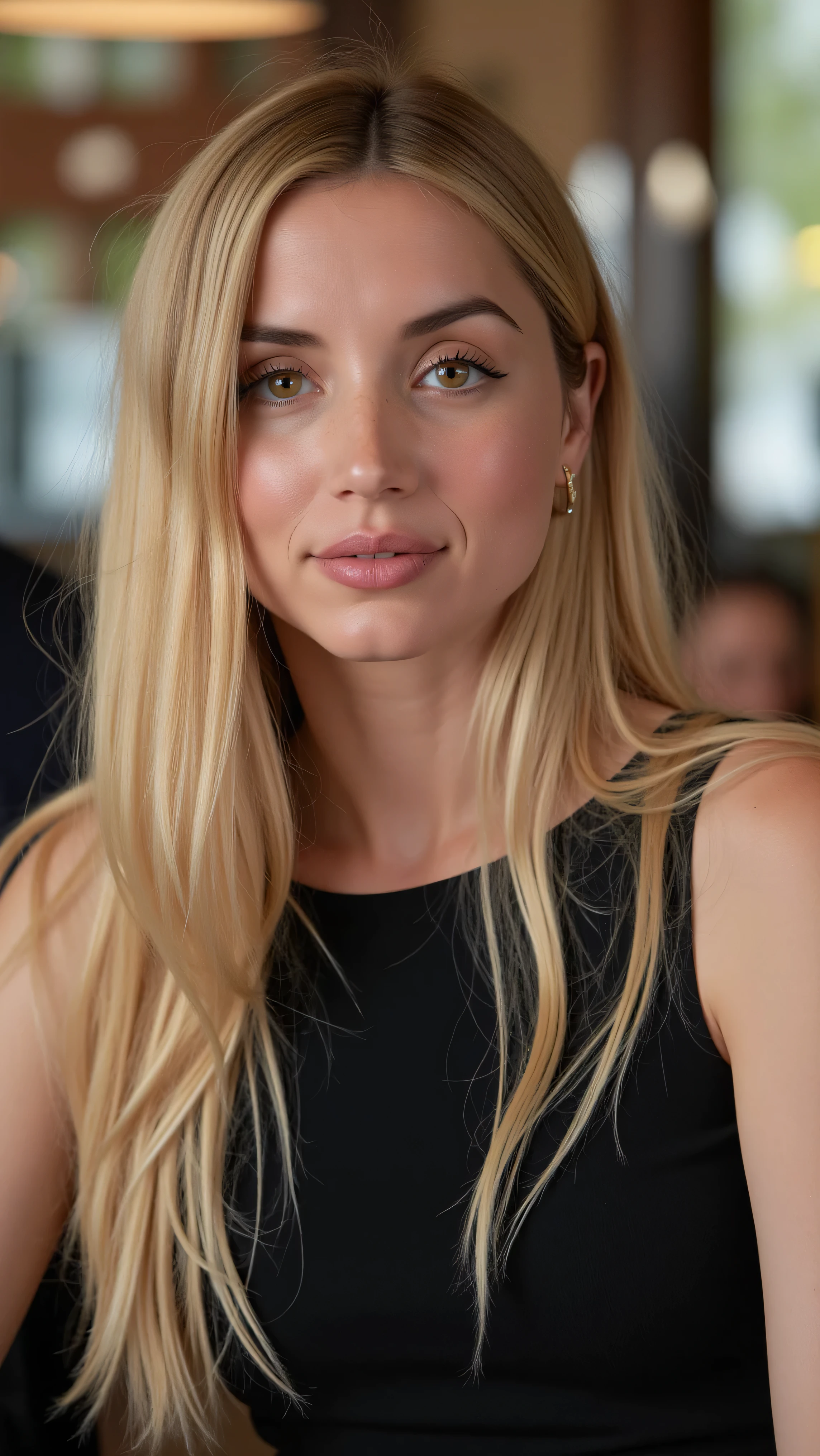 This is a beautiful closeup photograph of a woman, she has long straight blonde hair and dark blue eyes. Wearing a form fitting boatneck dress, Sitting in a cafe. Flirting at the viewer. Smile, Captured with a Sony A7R IV camera and a 50mm f/1.2 G Master lens for a beauty editorial shoot, this composition highlights her fashion-forward aesthetic. Inspired by avant-garde fashion photography from Sølve Sundsbø, this image blends contemporary fashion and minimalist elegance, embodying mythp0rt and niji_flux styles for a sleek, high-fashion vision. ((glow_skin, iridescent skin, oily skin, portrait)). ((no logo))