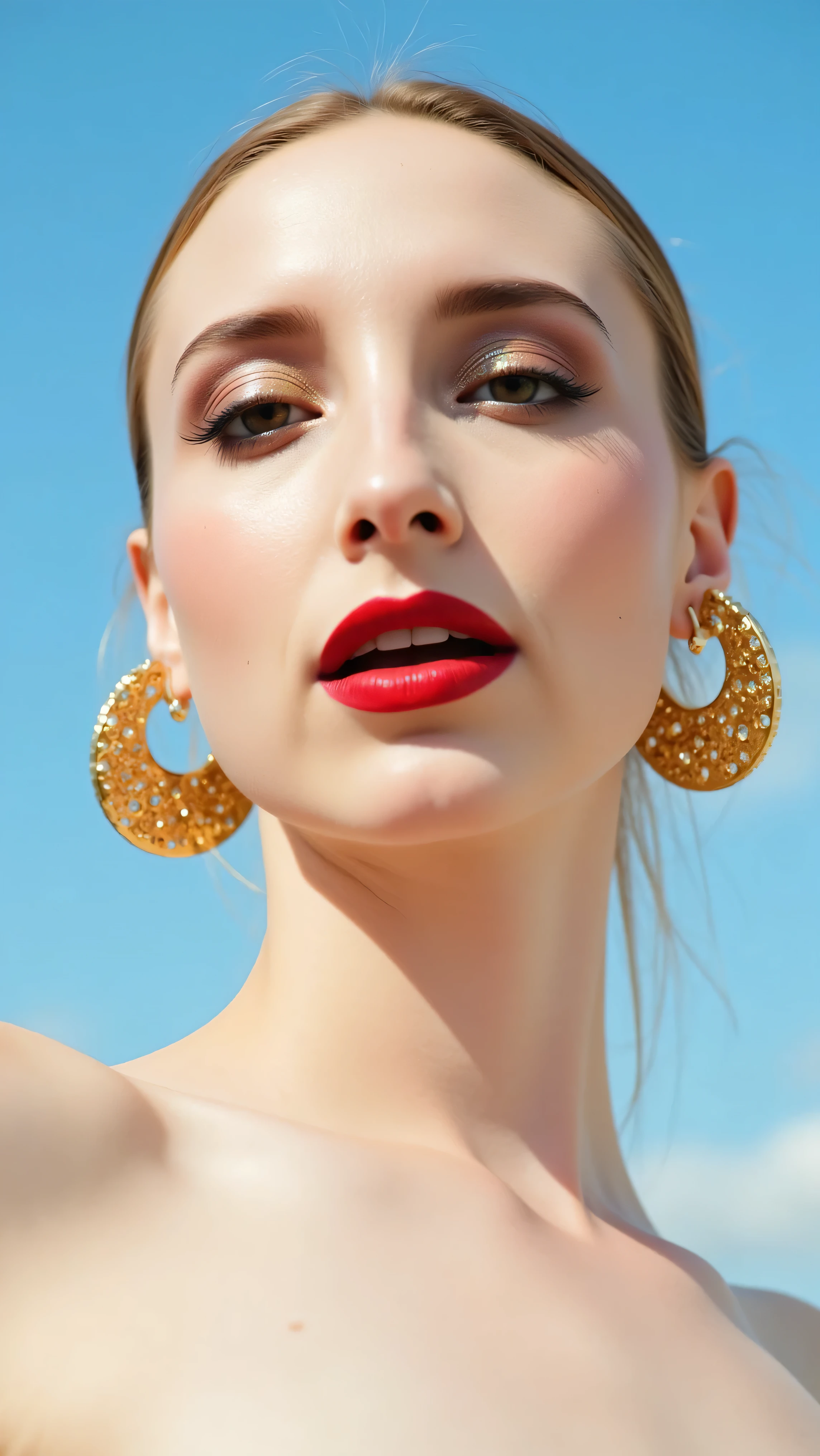 A hyper-detailed, avant-garde 3/4 shot photograph featuring a striking woman with pale light skin against a clear, light blue sky. Her nude high-angle mid shot highlights the smooth texture of her flawless complexion. Shimmering metallic eyeshadow enhances the depth of her piercing gaze, while her glossy, deep red lips create a bold contrast to her skin. Large, intricately detailed golden hoop earrings reflect light, contributing to her modern allure. She is fully naked The reflective surfaces of her earrings and outfit create a dynamic interplay with the environment, emphasizing her sleek presence. The minimalist background allows the viewer to focus on her eye-catching fashion and makeup. Captured with a Sony A7R IV camera and a 50mm f/1.2 G Master lens for a beauty editorial shoot, this composition highlights her fashion-forward aesthetic. Inspired by avant-garde fashion photography from Sølve Sundsbø, this image blends contemporary fashion and minimalist elegance, embodying mythp0rt and niji_flux styles for a sleek, high-fashion vision. ((glow_skin, iridescent skin, oily skin, portrait)). ((no logo))