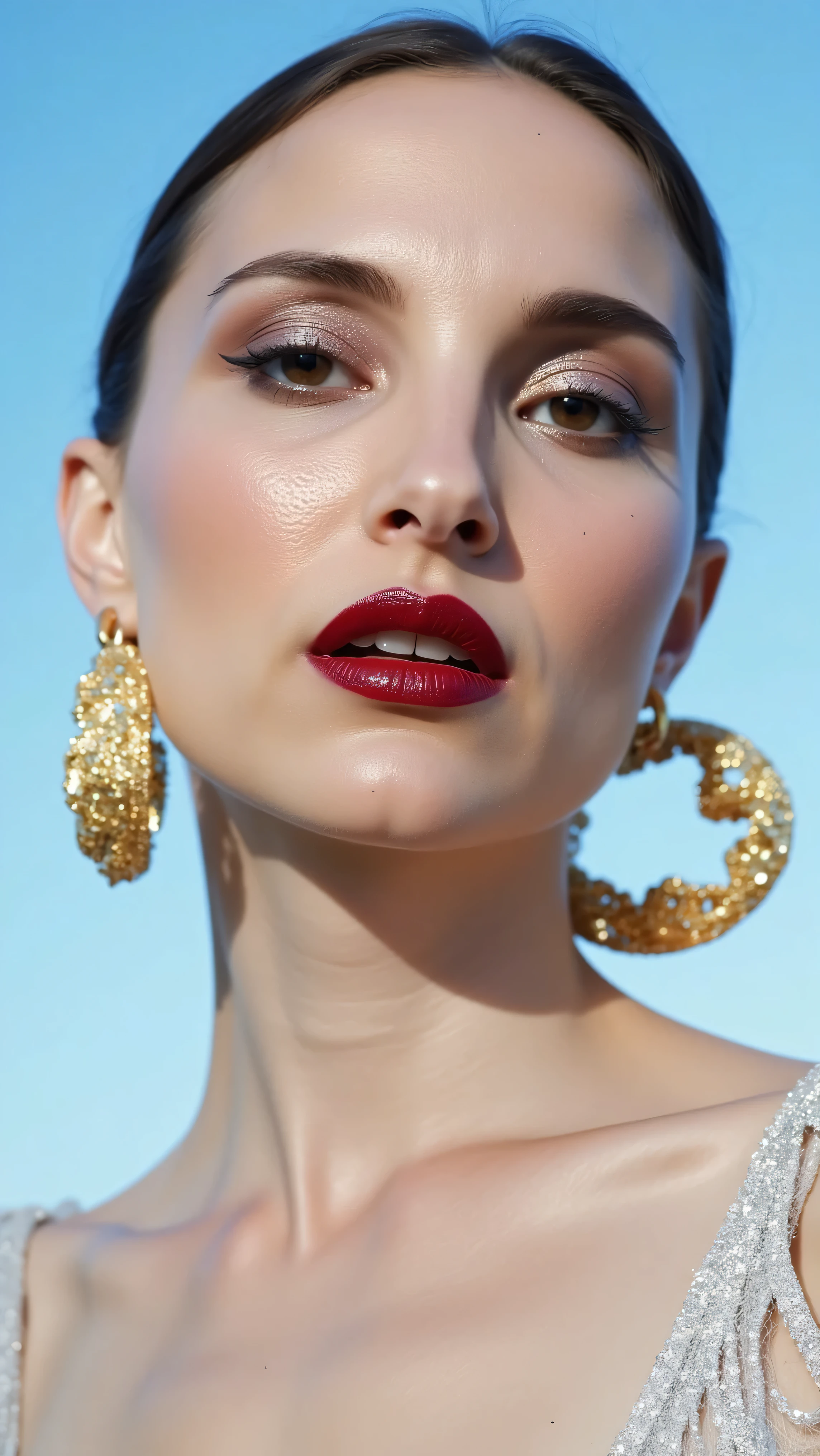 A hyper-detailed, avant-garde 3/4 shot photograph featuring a striking woman with pale light skin against a clear, light blue sky. Her nude high-angle mid shot highlights the smooth texture of her flawless complexion. Shimmering metallic eyeshadow enhances the depth of her piercing gaze, while her glossy, deep red lips create a bold contrast to her skin. Large, intricately detailed golden hoop earrings reflect light, contributing to her modern allure. She is fully naked The reflective surfaces of her earrings and outfit create a dynamic interplay with the environment, emphasizing her sleek presence. The minimalist background allows the viewer to focus on her eye-catching fashion and makeup. Captured with a Sony A7R IV camera and a 50mm f/1.2 G Master lens for a beauty editorial shoot, this composition highlights her fashion-forward aesthetic. Inspired by avant-garde fashion photography from Sølve Sundsbø, this image blends contemporary fashion and minimalist elegance, embodying mythp0rt and niji_flux styles for a sleek, high-fashion vision. ((glow_skin, iridescent skin, oily skin, portrait)). ((no logo))
