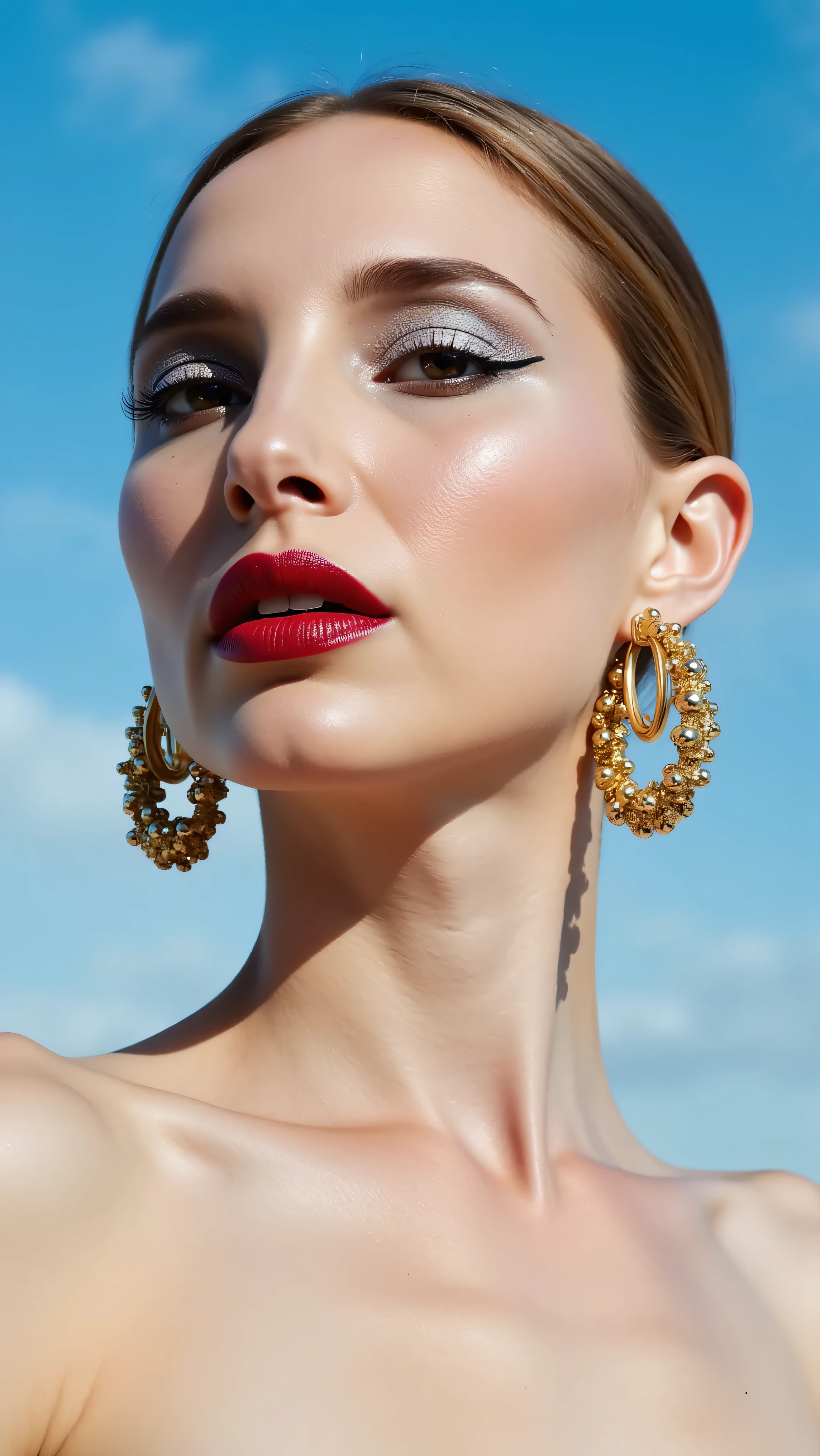 A hyper-detailed, avant-garde 3/4 shot photograph featuring a striking woman with pale light skin against a clear, light blue sky. Her nude high-angle mid shot highlights the smooth texture of her flawless complexion. Shimmering metallic eyeshadow enhances the depth of her piercing gaze, while her glossy, deep red lips create a bold contrast to her skin. Large, intricately detailed golden hoop earrings reflect light, contributing to her modern allure. She is fully naked The reflective surfaces of her earrings and outfit create a dynamic interplay with the environment, emphasizing her sleek presence. The minimalist background allows the viewer to focus on her eye-catching fashion and makeup. Captured with a Sony A7R IV camera and a 50mm f/1.2 G Master lens for a beauty editorial shoot, this composition highlights her fashion-forward aesthetic. Inspired by avant-garde fashion photography from Sølve Sundsbø, this image blends contemporary fashion and minimalist elegance, embodying mythp0rt and niji_flux styles for a sleek, high-fashion vision. ((glow_skin, iridescent skin, oily skin, portrait)). ((no logo))