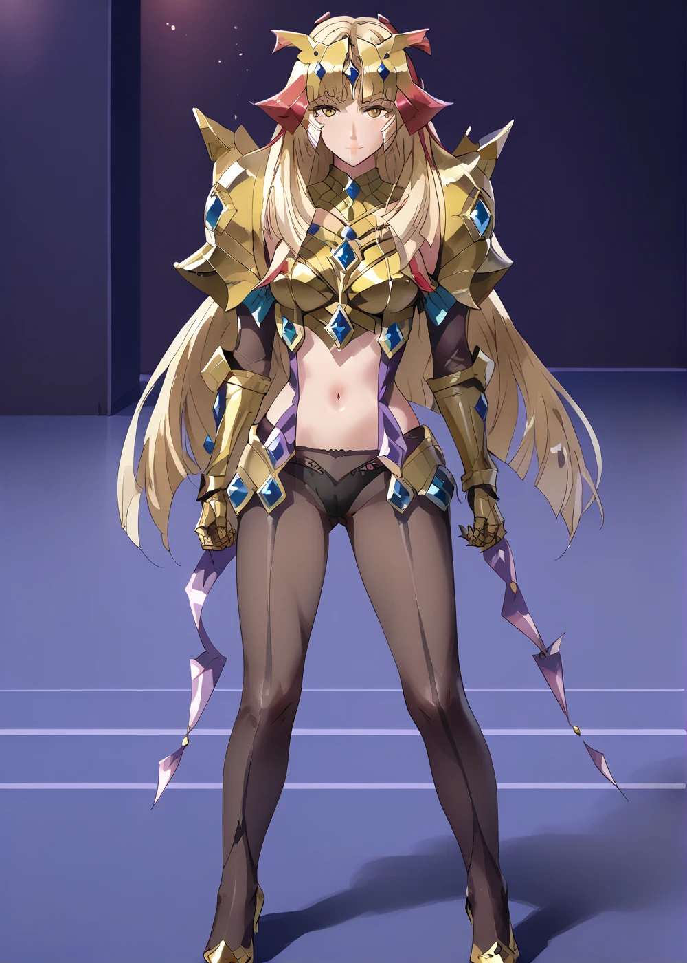top-quality、Full body like、golden armour、fullnude、Anime girl with very big breasts posing naked、very big boobs、Hide your with your hands、(Exposed seductive attractive cleavage:1.3)、elvish、no-bra、Blonde blue-eyed