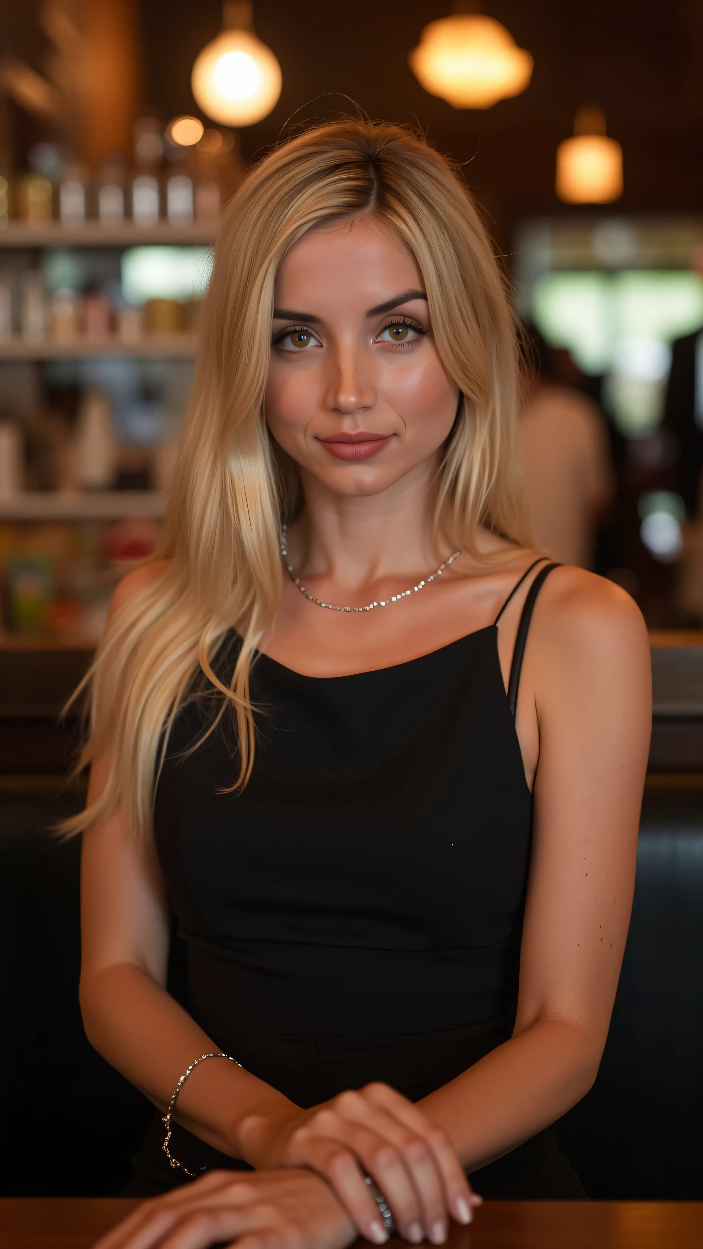 This is a beautiful  photograph of a woman, she has long straight blonde hair and dark blue eyes.  Wearing a form fitting  boatneck dress,  Sitting in a cafe. Flirting at the viewer. Smile