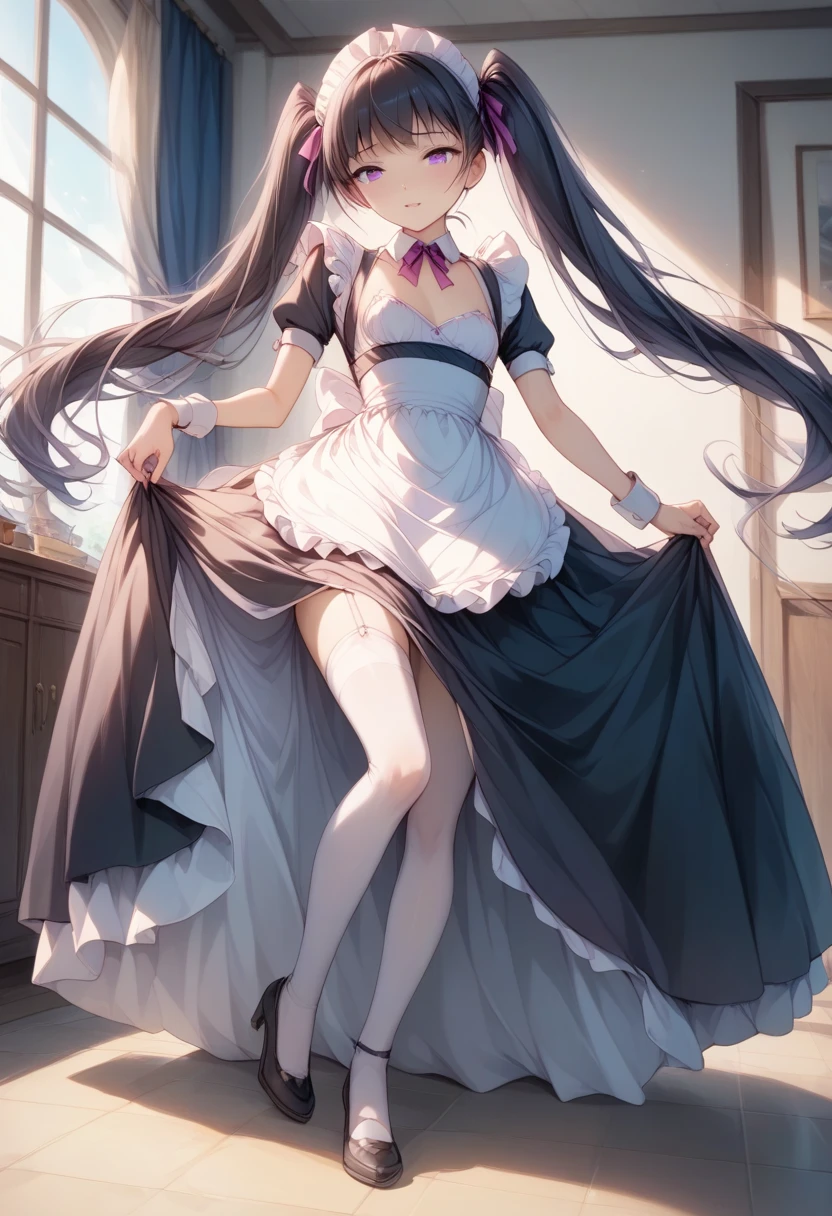 (((2D Beautiful Girl、Beautiful illustration、top-quality、Perfect fingertip、perfect anatomia、Perfect outfit、Beautiful illustration)))、top-quality、extremely delicate and beautiful、Soio、beatiful detailed eyes、gorgeous maid outfit、(((ruffled leotard costume))))、Princess、、A smile、Royal bedroom、年轻、、Full body depiction、