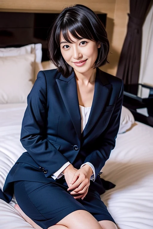 (Highest quality, 8k, Best image quality), Beautiful and elegant mature woman, Full body photo of a Japanese woman, Beautifully detailed face, Standing Elegantly (All black suit-type mourning attire:1.5)、(Black tight skirt:1.5), (Pearl Necklace:1.2), clavicle, (Fascinating, Shiny, Sexy Mature), (A perfect composition depicting the most beautiful woman:1.3), Plump body, (Romantic and atmospheric warm lighting:1.2), compensate;1.5, The most beautiful and elegant hairstyles, (Accurate anatomy:1.1), (Hotel Bed), (Big Breasts:1.3)、(Slender:1.3)