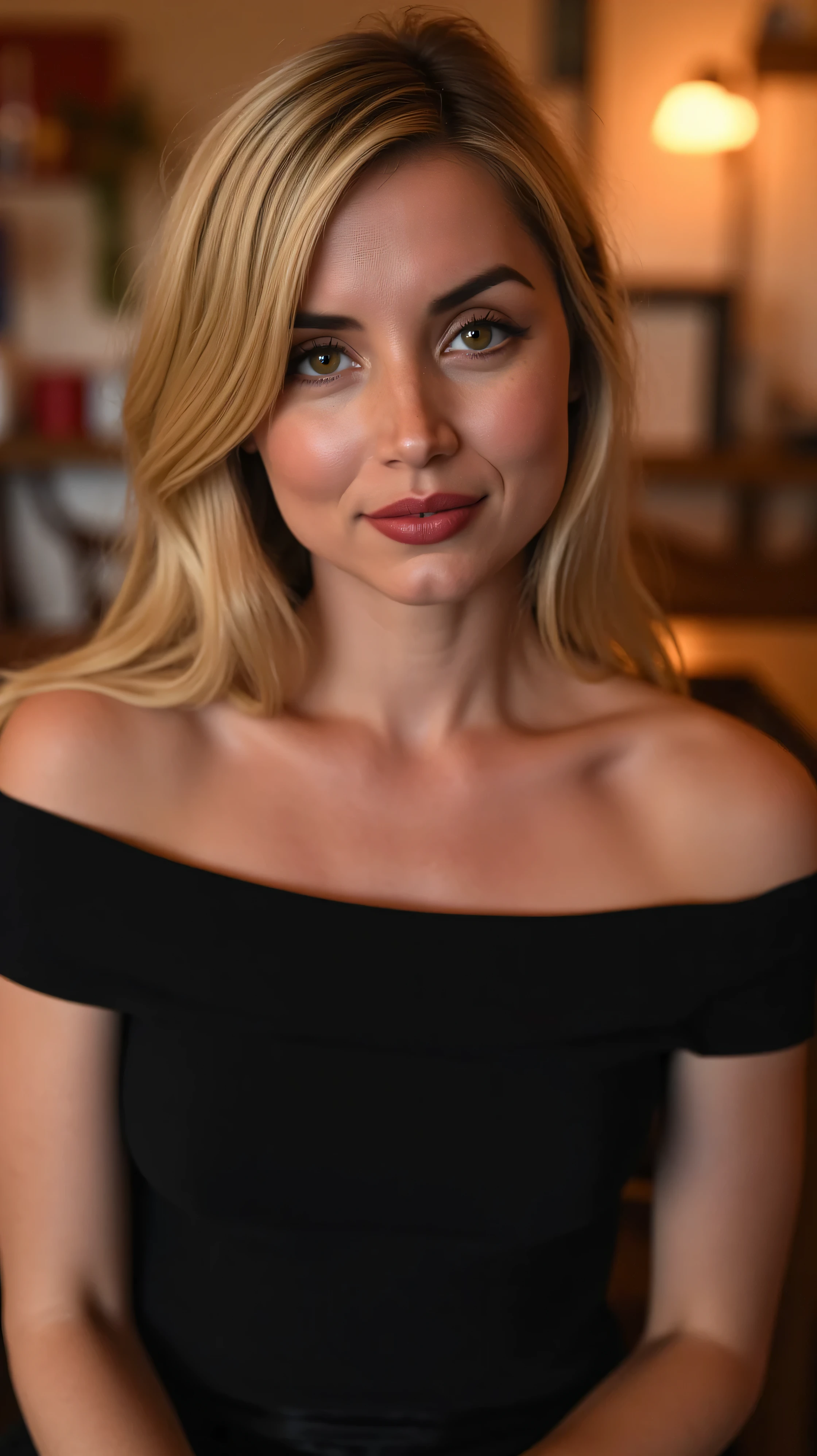 This is a beautiful closeup photograph of a woman, she has long straight blonde hair and dark blue eyes. Wearing a form fitting boatneck dress, Sitting in a cafe. Flirting at the viewer. Smile