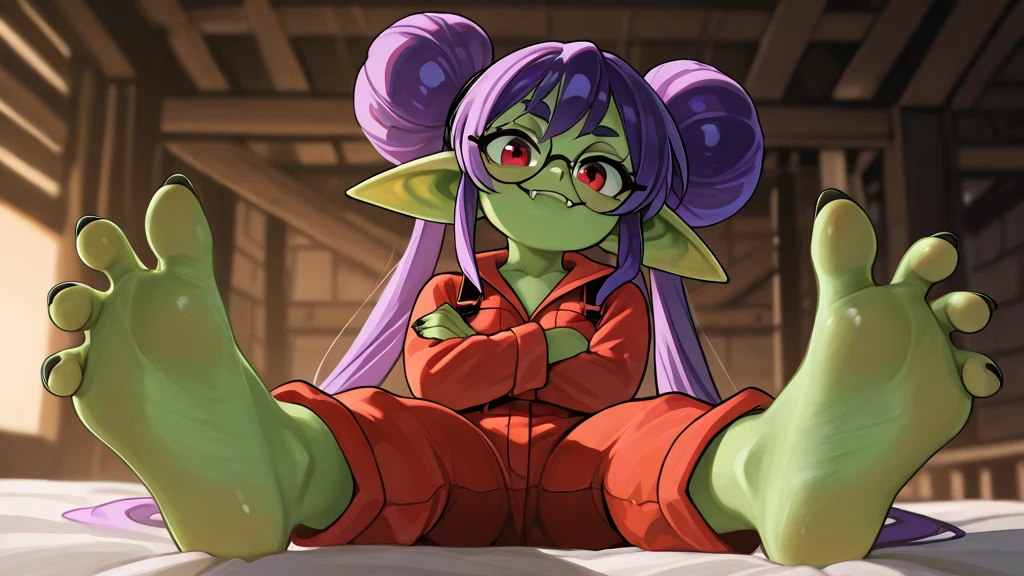  1girl, solo, Goblin Girl, shortstack, small, curvy figure, Thicc body, small , engineer, fixer, maroon mechanic jumpsuit, grease monkey dirt spots, dark fingernails, cute, perky attitude, green skin, purple hair, double bun, side locks, pigtails, crimson-red irises, red eyes, big long goblin ears, fangs, thick rim glasses, smiling, playful, cheeky smile, Detailed mechanic workshop background, sitting on edge of bed, legs crossed, feet, foot focus, anatomically correct human feet with five toes per foot, lustfully looking at viewer, laying, feet up, arms crossed, the_pose, face in focus, spooky dark lighting, realistic lighting, volumetric lighting, photorealistic, intricate details, cinematic, dramatic lighting, hyper detailed, 8k, masterpiece