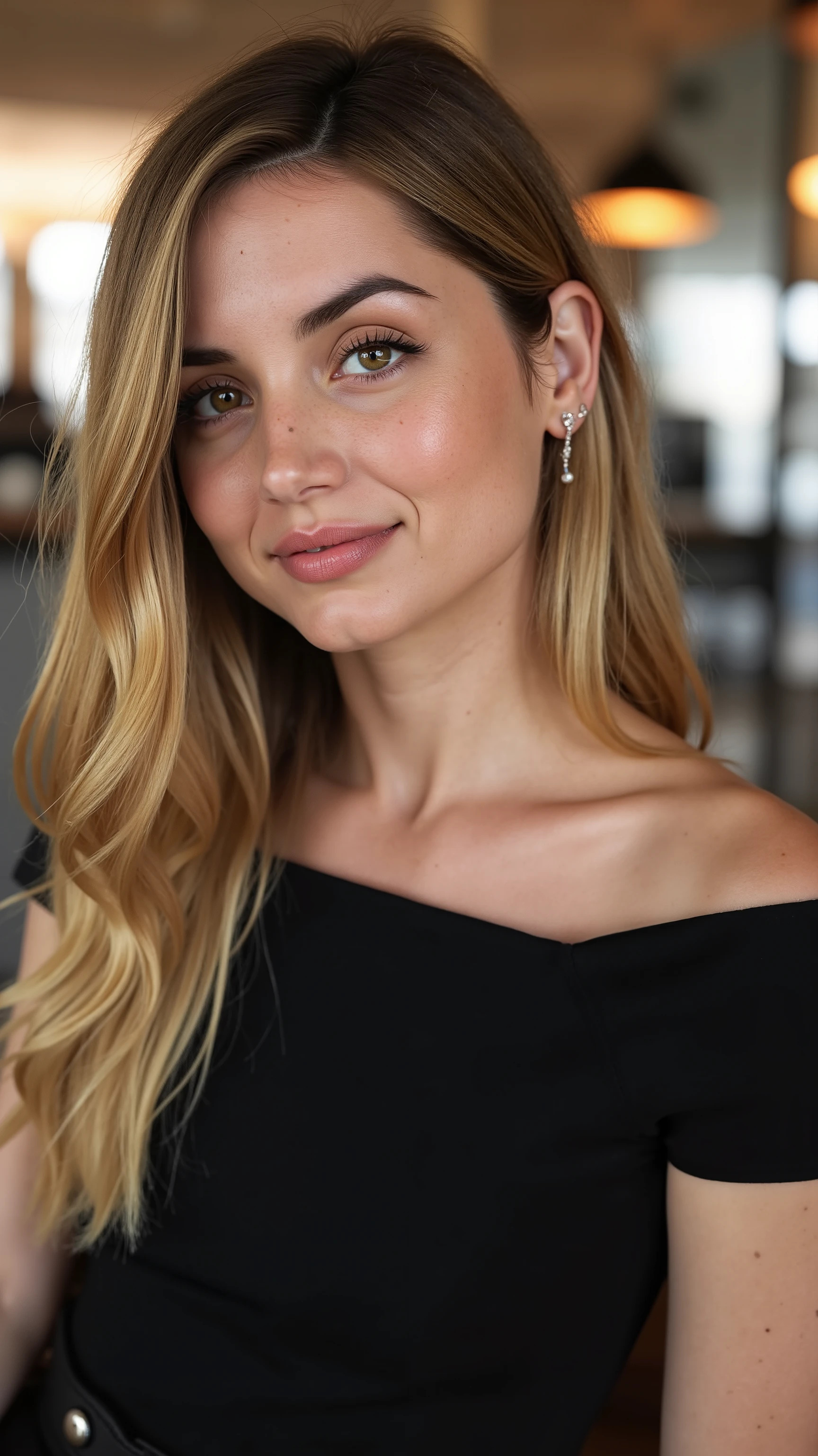 This is a beautiful closeup photograph of a woman, she has long straight blonde hair and dark blue eyes. Wearing a form fitting boatneck dress, Sitting in a cafe. Flirting at the viewer. Smile, Captured with a Sony A7R IV camera and a 50mm f/1.2 G Master lens for a beauty editorial shoot, this composition highlights her fashion-forward aesthetic. Inspired by avant-garde fashion photography from Sølve Sundsbø, this image blends contemporary fashion and minimalist elegance, embodying mythp0rt and niji_flux styles for a sleek, high-fashion vision. ((glow_skin, iridescent skin, oily skin, portrait)). ((no logo))