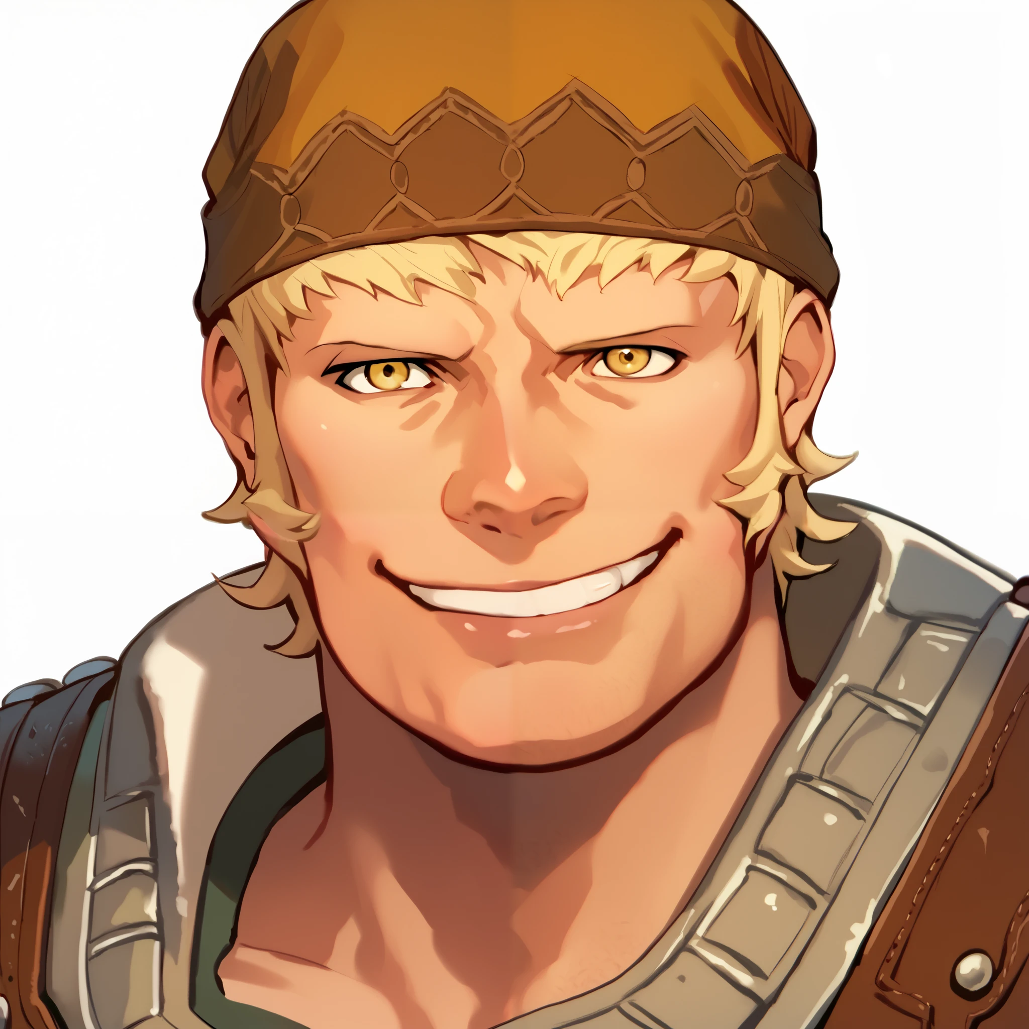  THRaph, sideburns,  bandana,  musculoskeletal々Male,  Warrior Costume、smile、whole body、 upper body、muscular male, short hair, yellow eyes、Foot Cover
