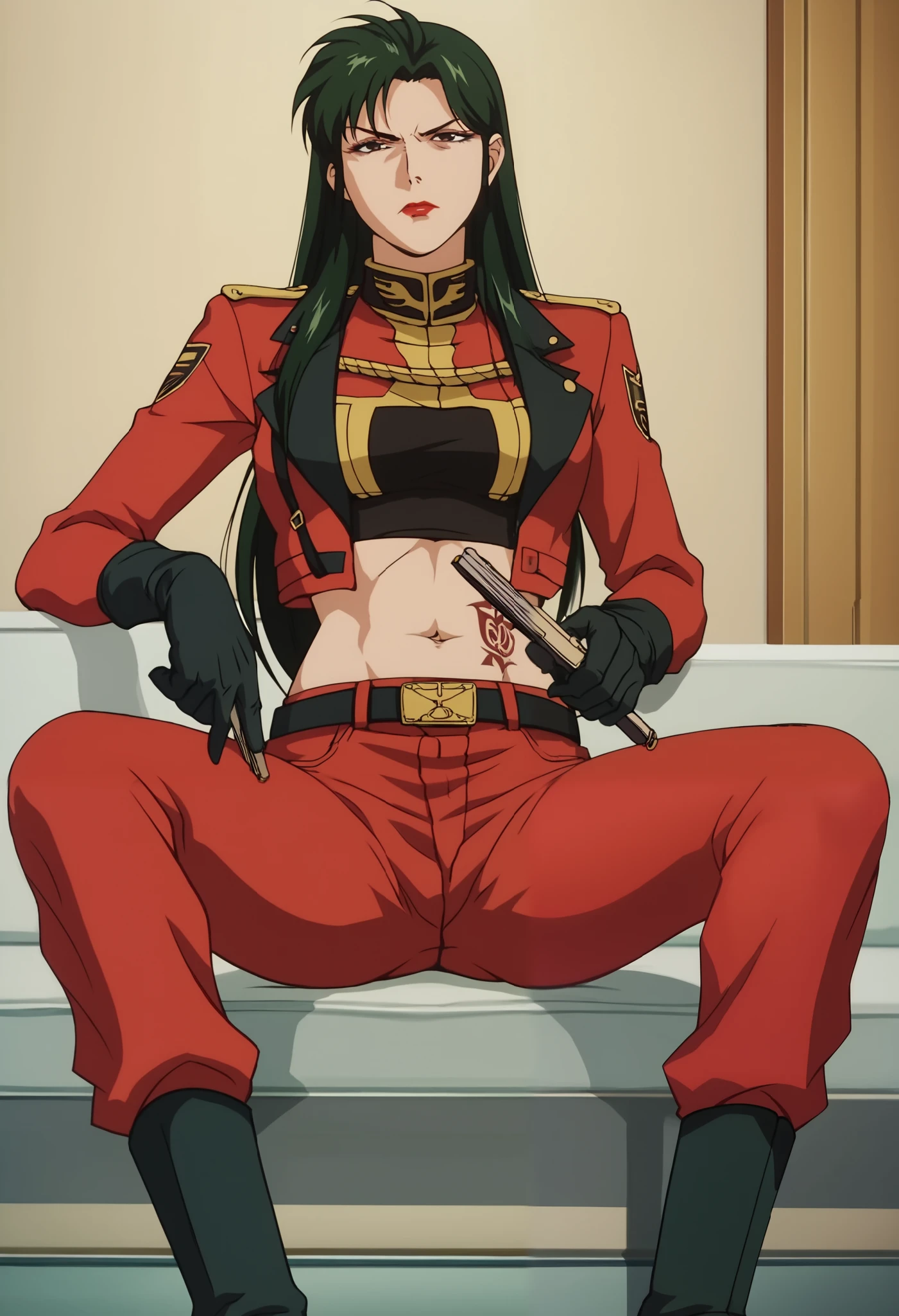 score_9, score_8_up, score_7_up, score_6_up, anime screencap, anime coloring, CimaGarahau, long hair, green hair, lipstick, black eyes,
military uniform, black gloves, belt, red pants, black boots,
sitting, legs apart, hand fan, serious, looking at viewer,
indoors,navel , exposed belly, exposed navel, (nsfw) not safe for work, hold a gun,holding pistol,, dragon tattoo, narrowed eyes, tattoo midriff,