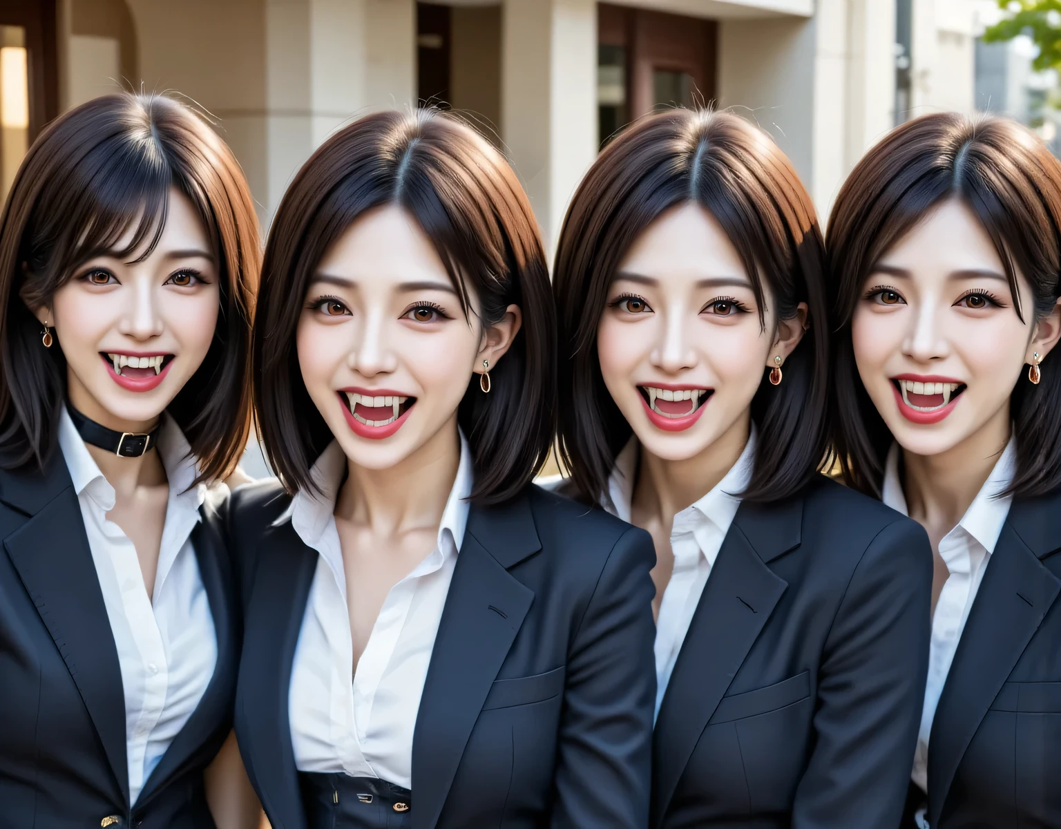   score_9,   score_8,   score_8up  score_7,   top quality 、  Masterpiece  、   Japan's top idol in a luxury hotel  , group、vampire,(  white tight shirt 、   dark blue blazer  )),  big breasts、 ((  Layered Haircut )),   slim body , Slim face（8k，  top quality ）,   Adorable， smile，    long brown hair，   black choker 、  ALMOND EYE、bangs、 Very thick and long eyelashes,   Red lipstick , ((Big Breasts))、  women stand side by side in the conference room,  Secretary welcomes guests  ,  they are vampires、Vampire fangs 
