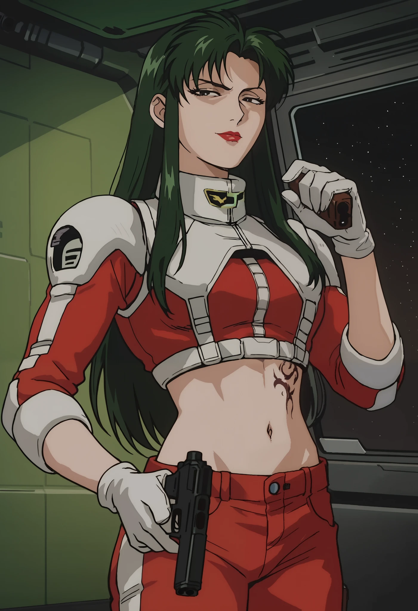score_9, score_8_up, score_7_up, score_6_up, anime screencap, anime coloring, CimaGarahauP, long hair, green hair, lipstick, black eyes,
spacesuit, red shirt, red pants, white gloves,
looking at viewer, navel , exposed belly, exposed navel, (nsfw) not safe for work, hold a gun,holding pistol,, dragon tattoo, narrowed eyes, tattoo midriff,