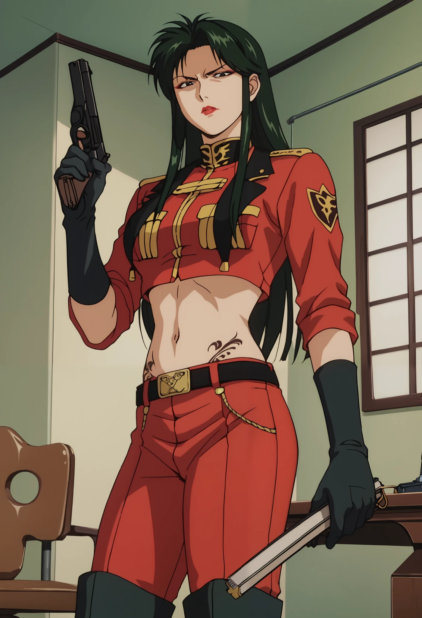 score_9, score_8_up, score_7_up, score_6_up, anime screencap, anime coloring, CimaGarahau, long hair, green hair, lipstick, black eyes,
military uniform, black gloves, belt, red skirt, black boots,
hand fan, serious, looking at viewer,
indoors,navel , exposed belly, exposed navel, (nsfw) not safe for work, hold a gun,holding pistol,, dragon tattoo, narrowed eyes, tattoo midriff,