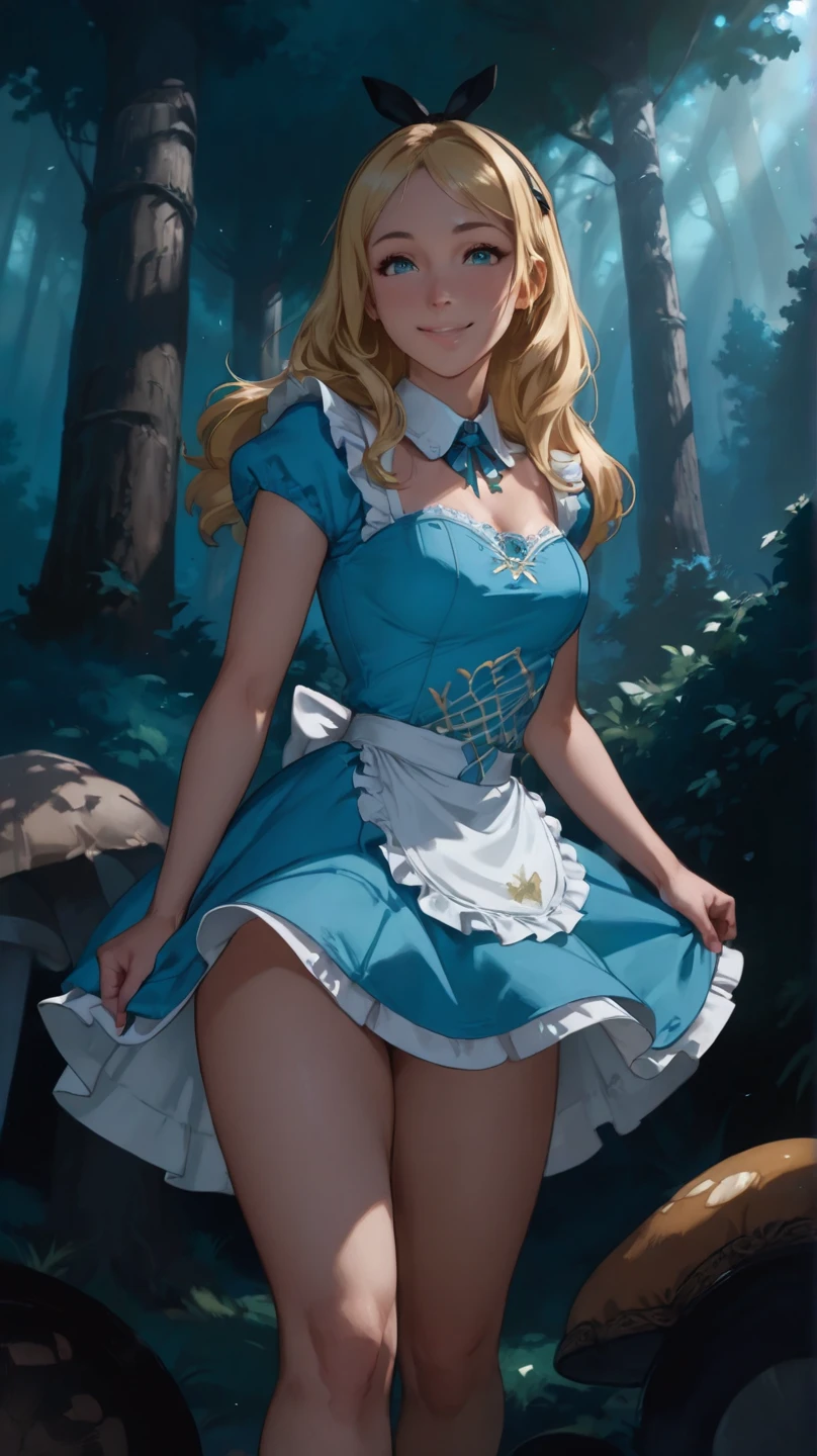 rear view, backside view,Hay una mujer con un vestido azul, As Alice in Wonderland, Alice in Wonderland Style, Alicia X. Zhang, Portrait of Alice in Wonderland, Alicia de Alicia en la Tierra de las Maravillas, The theme of Alice in Wonderland, Alice in Wonderland, inspirado por Alice Prin, Alice in Wonderland, Alice in Wonderland theme, From Alice in Wonderland,(medias blancas:1.4),More detailed 8K.motor irreal:1.4,UHD,La mejor calidad:1.4, fotorrealista:1.4, textura de la piel:1.4, obra maestra:1.8,obra-prima, mejor calidad,objeto Objeto], (detailed face features:1.3),(pantimedias White:1.4) ,(Enchanted Forest of Giant Trees:1.4),(bosque embrujado:1.4), (vestido elevado mostrando panties White:1.4)