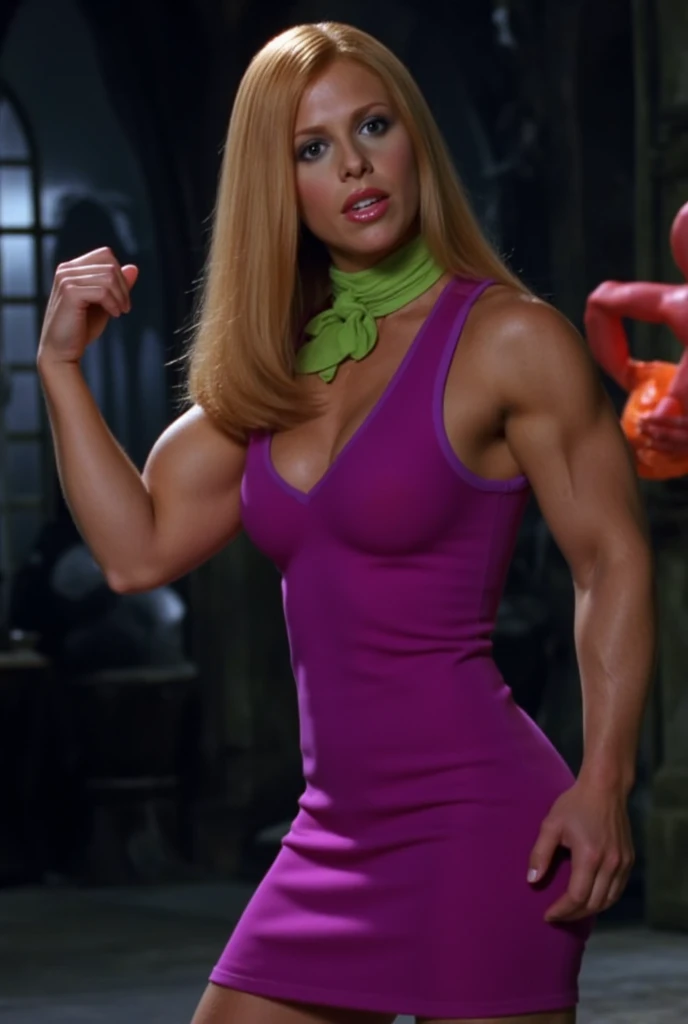 Jane Fonda, hot pink leotard, belt, sweaty, facing the camera, leg warmers, blonde hair