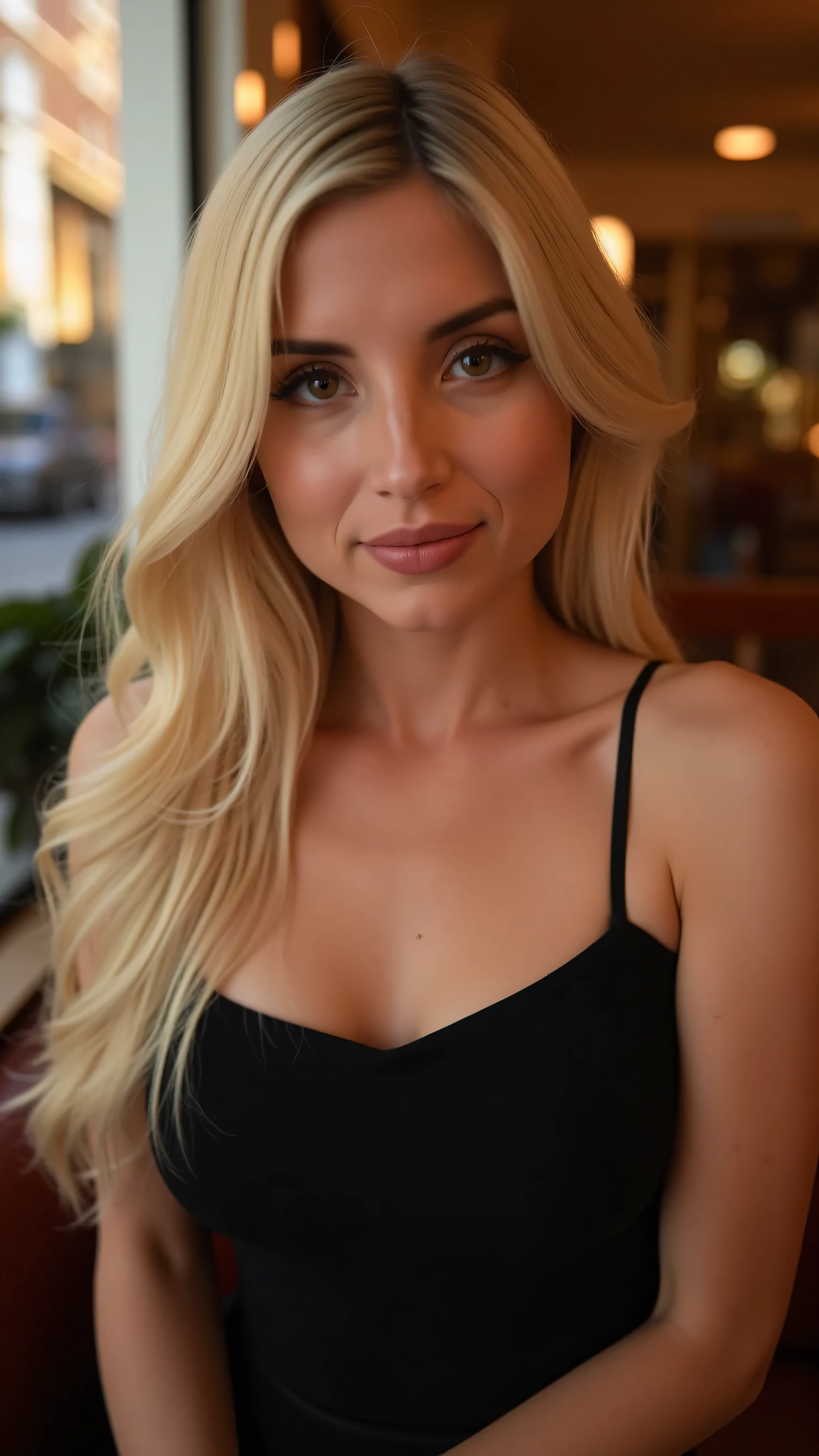 This is a beautiful closeup photograph of a woman, she has long straight blonde hair and dark blue eyes. Wearing a form fitting boatneck dress, Sitting in a cafe. Flirting at the viewer. Smile