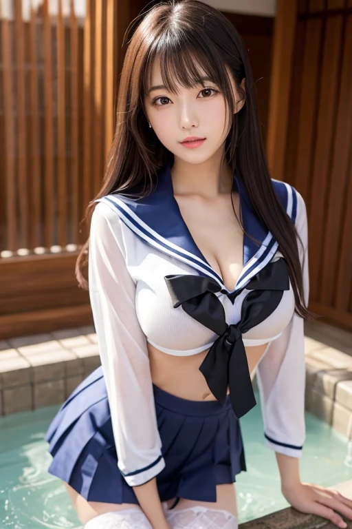 half-sleeved, (masterpiece, highest quality:1.2), 8K, official art, RAW photo, incredibly absurd, (whole body, sailor suit:1.4), beautiful girl, 18-year-old、cute face, arch back, (navy pleated skirt:1.1), ,, , short sleeve, gardenia, violaces, 、sit on a chair、looking at the viewer, film grain, chromatic aberration, sharp focus, face light, dynamic lighting, cinematic lighting, detailed eyes and face, background bokeh, (1 dark red bow tie:1.2)、、one girl、blush、look at the viewer、(huge breasts:1.2)、wet hair、shiny hair、wet face、wet skin、wet body、wet costume、、、Depth of bounds written、pointed red mouth、red mouth,clavicle、beautiful fingers、、cute wet face、Wet clothes that stick to your chest、Wet and see-through clothes、short hairstyle、view from below, the abdomen is visible,cleavage is visible,