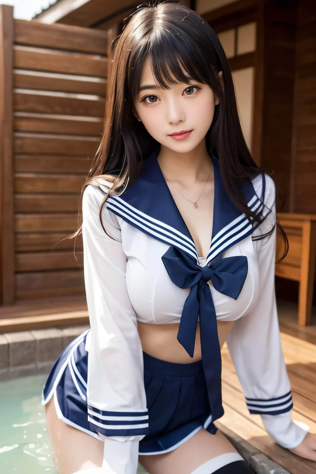 1 female,(((sailor suit))),((skirt lift)),show off panties,((lace pantie)),,shy、((looks happy:1.3))、thighhighs,((loafers)),curvy thighs,Breathless face、sweating、Excited facial expression、Long Hair、Realistic,High resolution,Soft Light,Large Breasts, blue eyes,