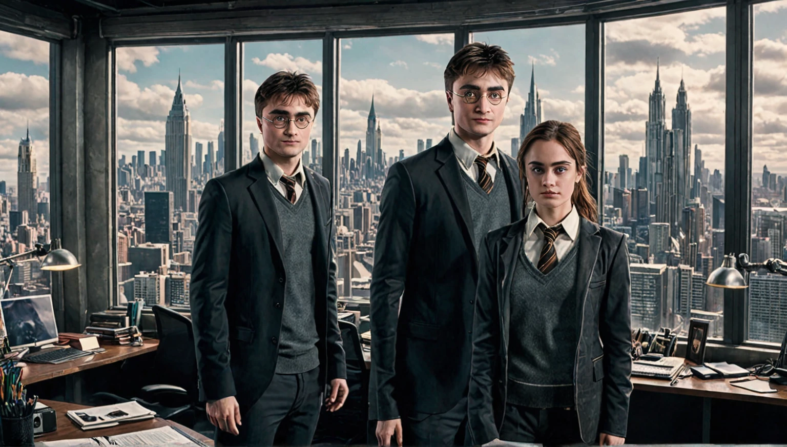 A adult Emma Watson without spectacles and Adult Daniel Radcliffe in spectacles is standing at a metro subway train station waiting for the metro train. Both are wearing Gryffindor Harry Potter Uniform and looking, there are passengers on the station as well.