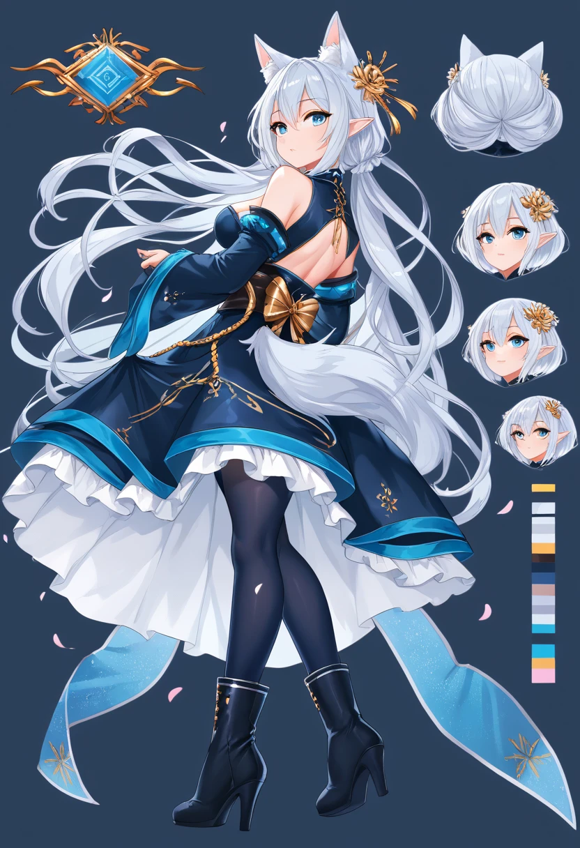 ((masterpiece)),(((best quality))),(character design sheet, same character, front, side, back), illustration, a tall kitsune with snow-white hair and sapphire-blue eyes, and her body was lean and toned. She had two pointed ears and nine fluffy fox-like tails behind her, each one blue-tipped and covered in snow-white and blue fur. Her skin was pale and flawlesswearing a very nice and elegant Japanese-inspired dress, mainly all black in color. The sleeves on the dress were wide and loose, making them look like flower petals, and the dress was accented with golden lining along the edges of the sleeves. The dress was not very long, and it came to just below her knees. Azumi was also wearing a small, gold-lined obi around her waist, tying her dress together. She was also wearing matching black high-heeled boots with the dress, Goddess