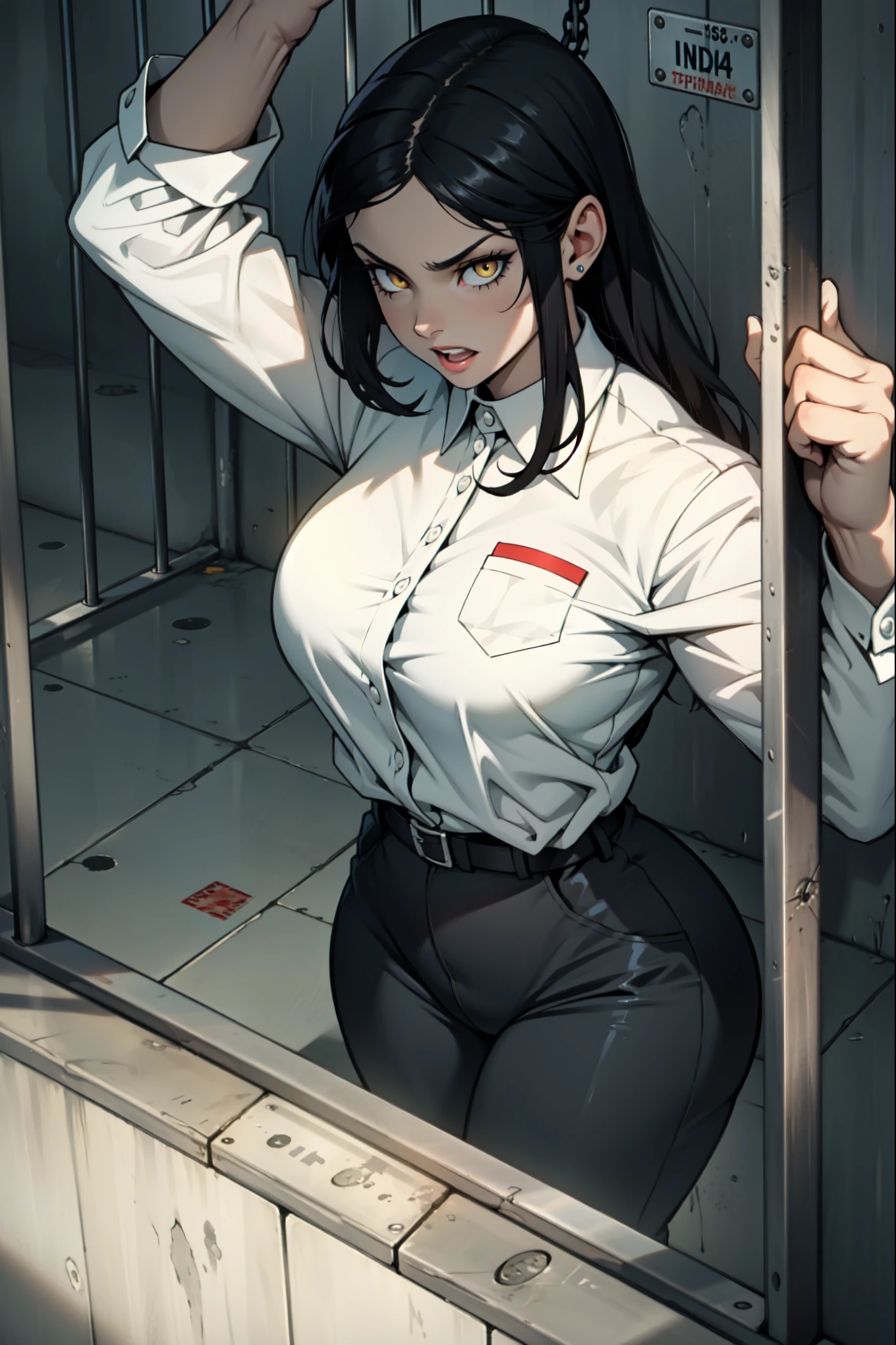 thick outlines, Comics, photorealistic, perfect hands, Masterpiece:1.2, Jail, prison, 1 girl, Alone, thin, guilty \(nod\), white bodysuit, straitjacket, chains, Handcuffs, collared, two-tone hair, green and black hair, Pink eyes, Large breast, detailed background, detailed face, detailed eyes, 